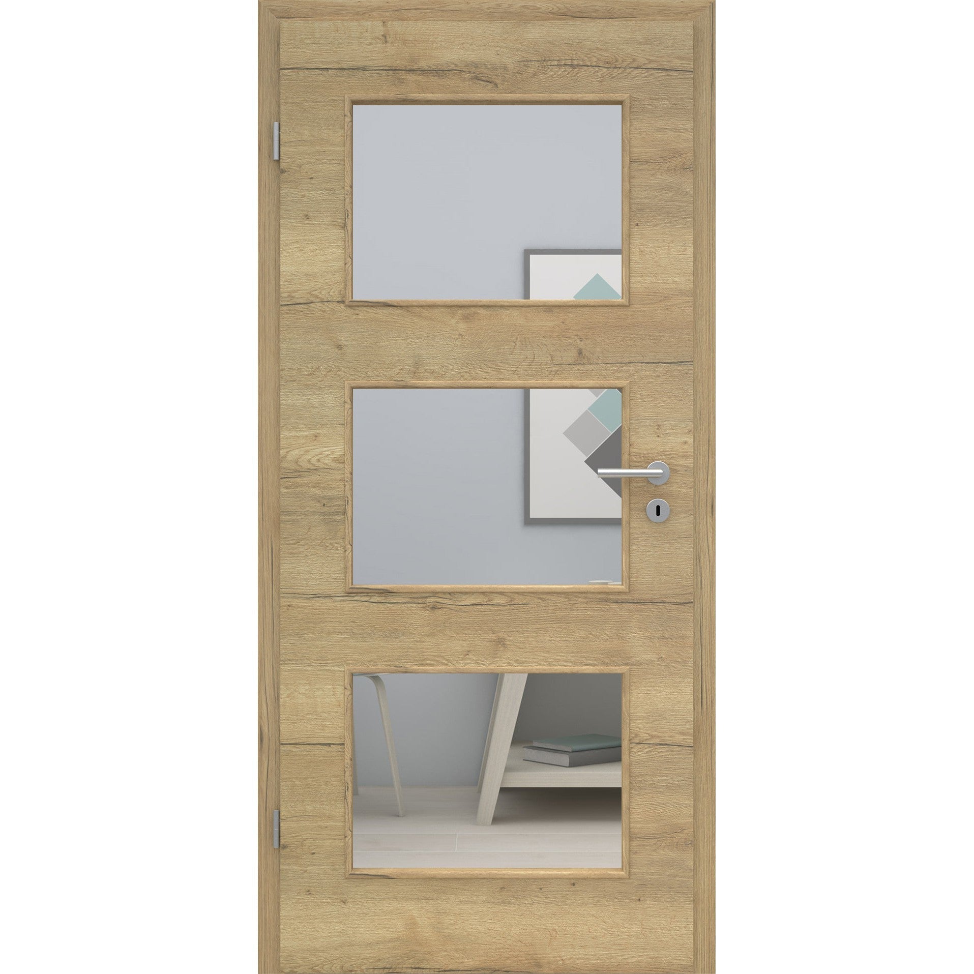 Zimmertür mit Lichtausschnitt LA3 CPL Struktur Fachwerk Natur-Eiche Quer Designkante