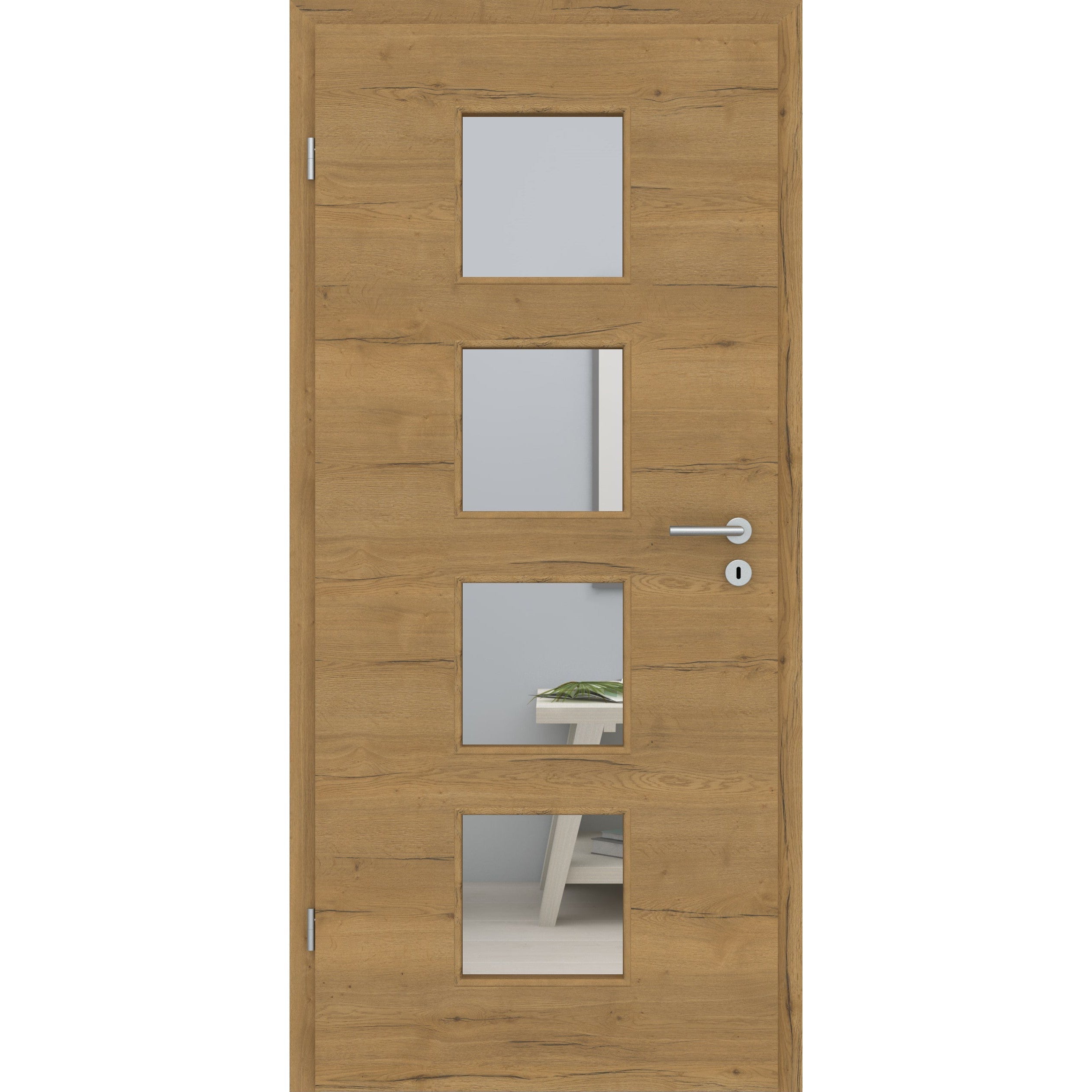 Zimmertür mit Lichtausschnitt LA4 CPL Struktur Fachwerk Honig-Eiche Quer Designkante