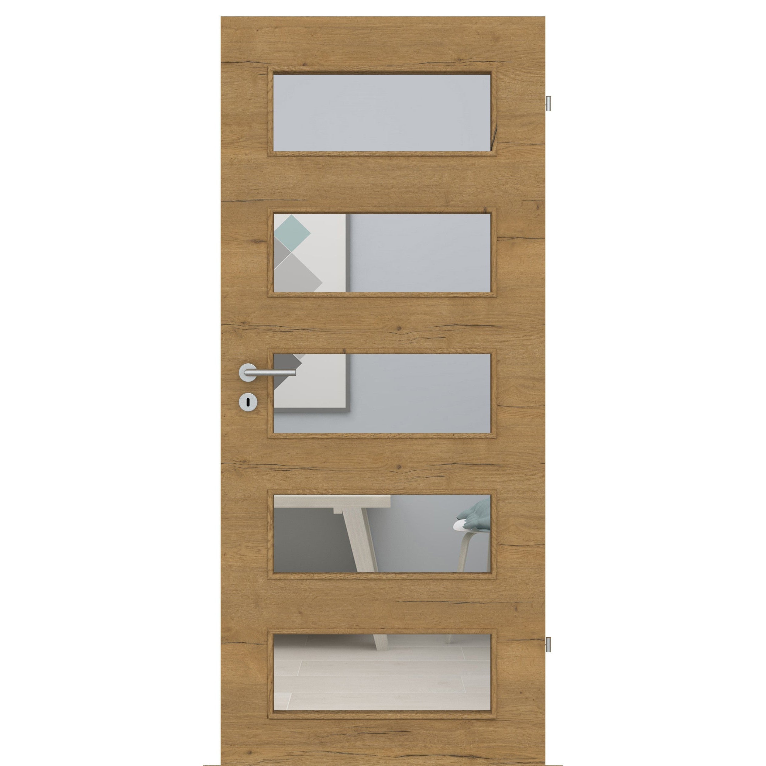 Zimmertür mit Lichtausschnitt LA9 CPL Struktur Fachwerk Honig-Eiche Quer Designkante