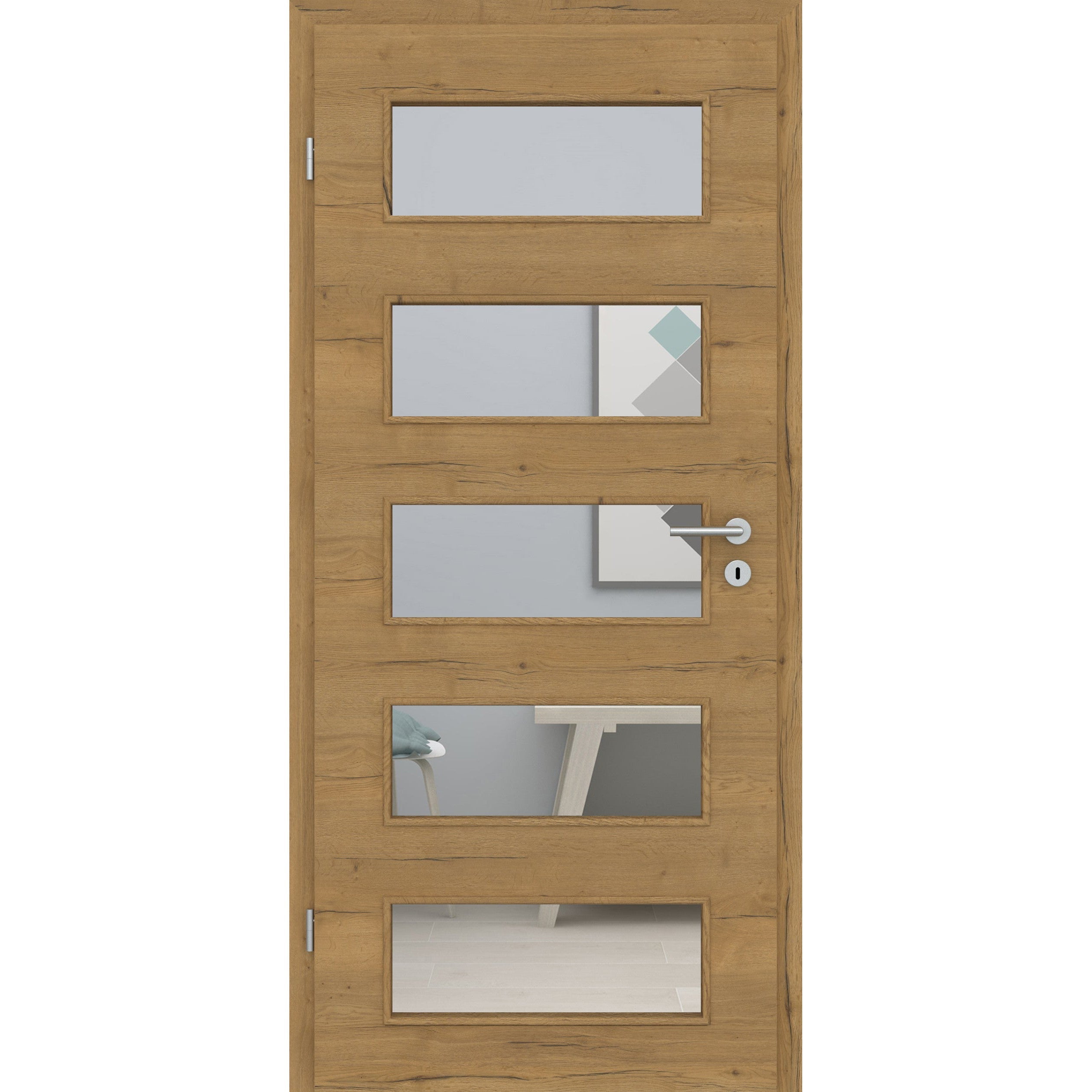 Zimmertür mit Lichtausschnitt LA9 CPL Struktur Fachwerk Honig-Eiche Quer Designkante