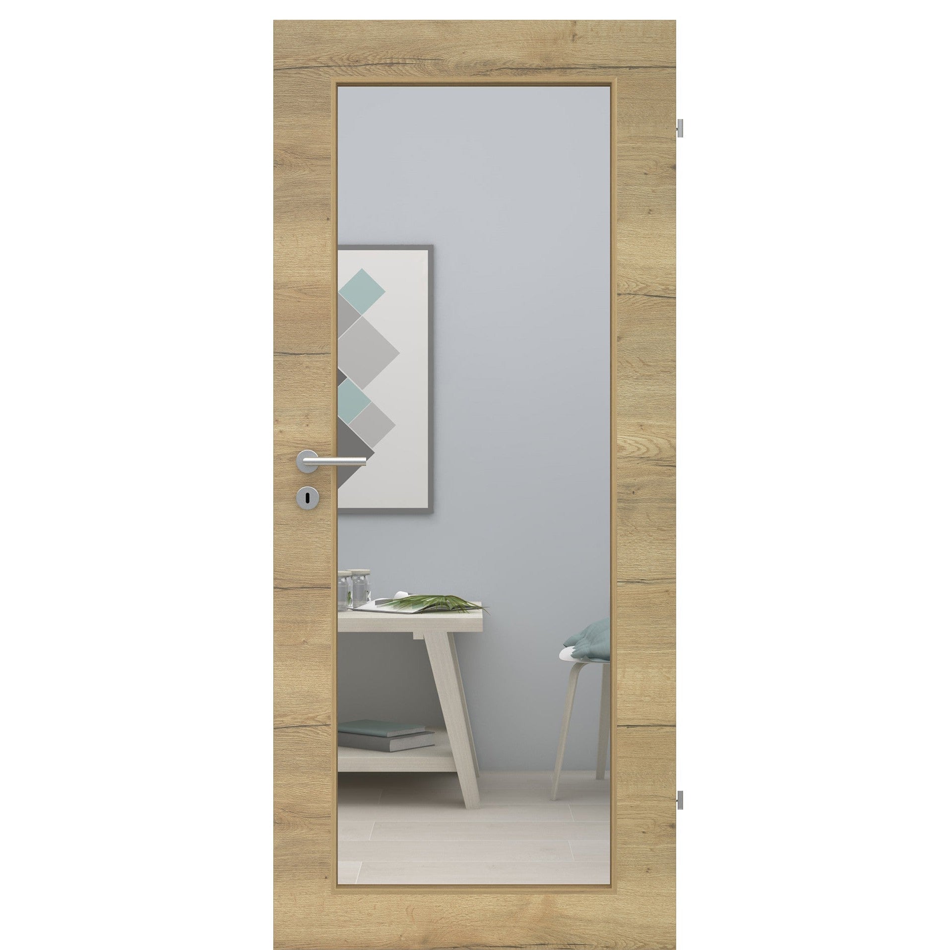 Zimmertür mit Lichtausschnitt LAXL CPL Struktur Fachwerk Natur-Eiche Quer Designkante