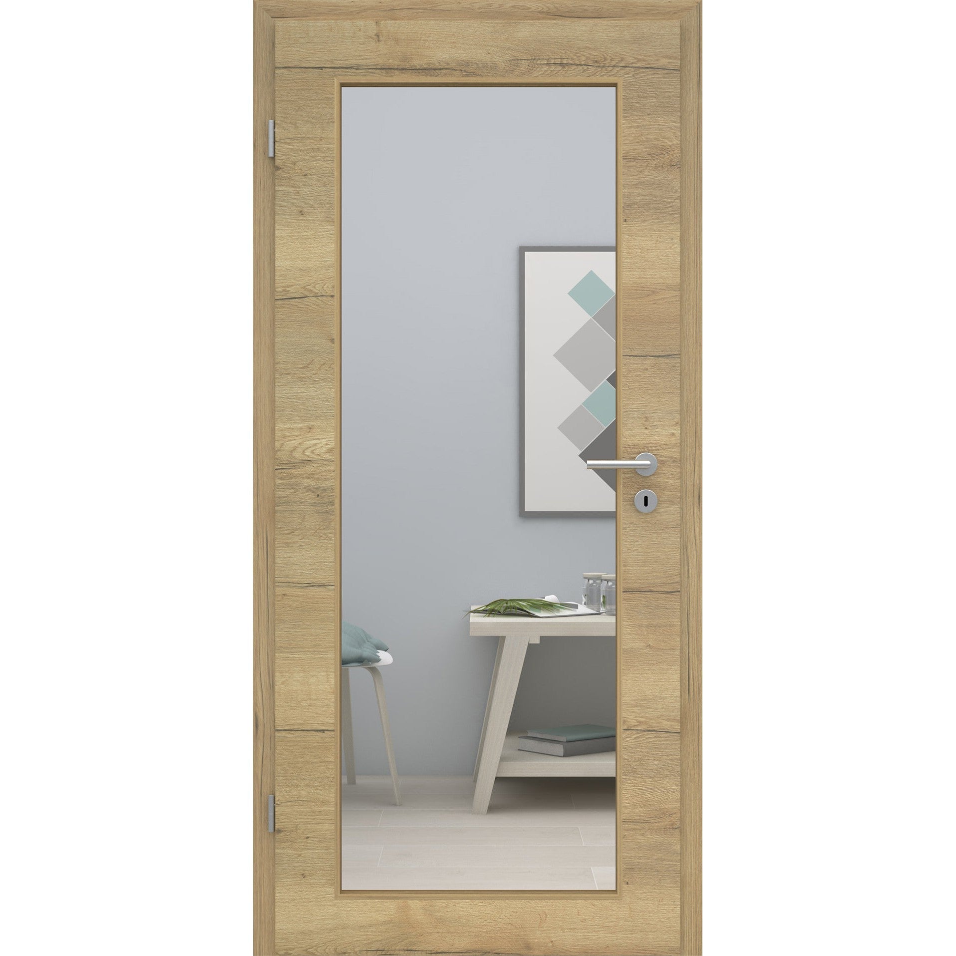 Zimmertür mit Lichtausschnitt LAXL CPL Struktur Fachwerk Natur-Eiche Quer Designkante