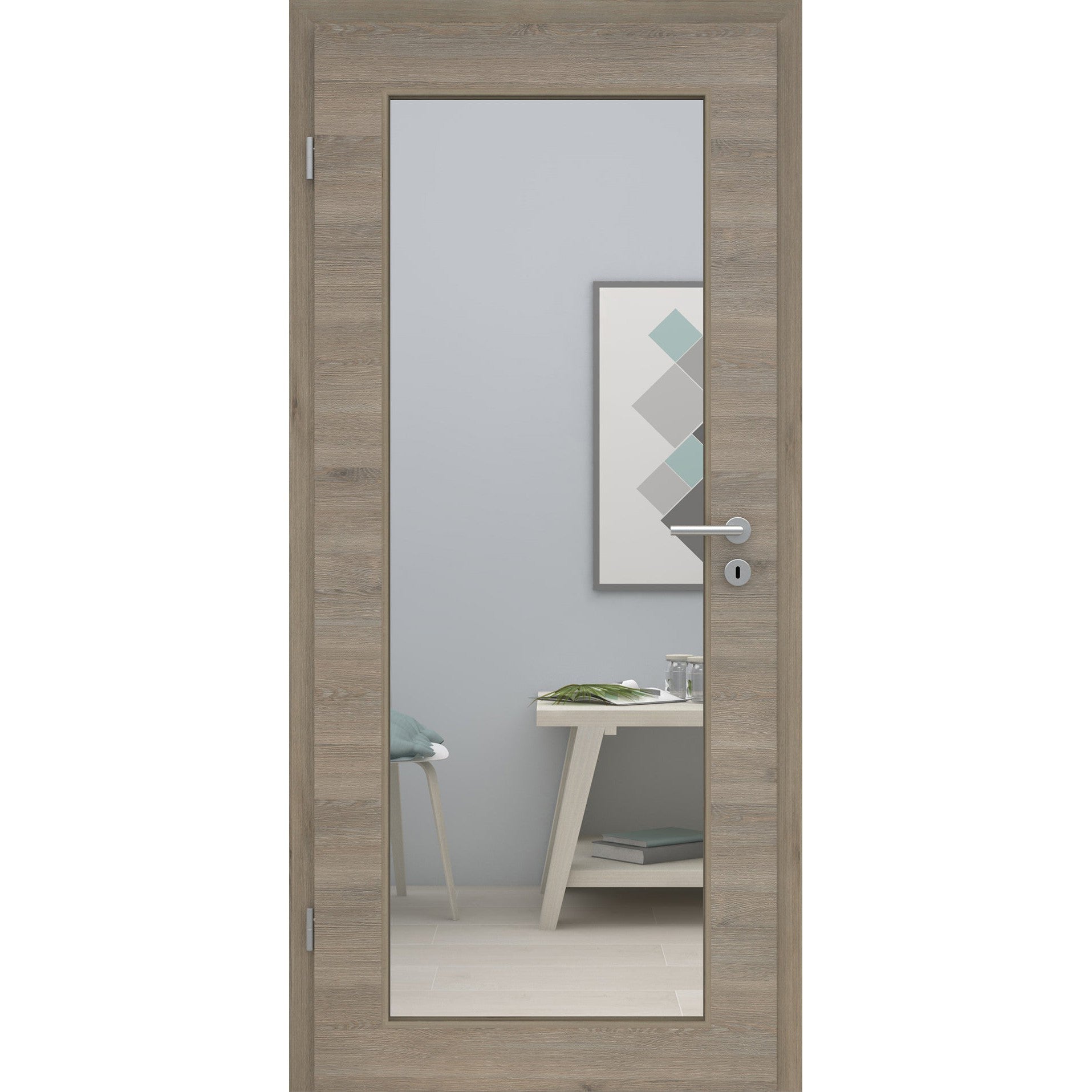 Zimmertür mit Lichtausschnitt LAXL CPL Struktur Pinie-Silbergrau Quer Designkante