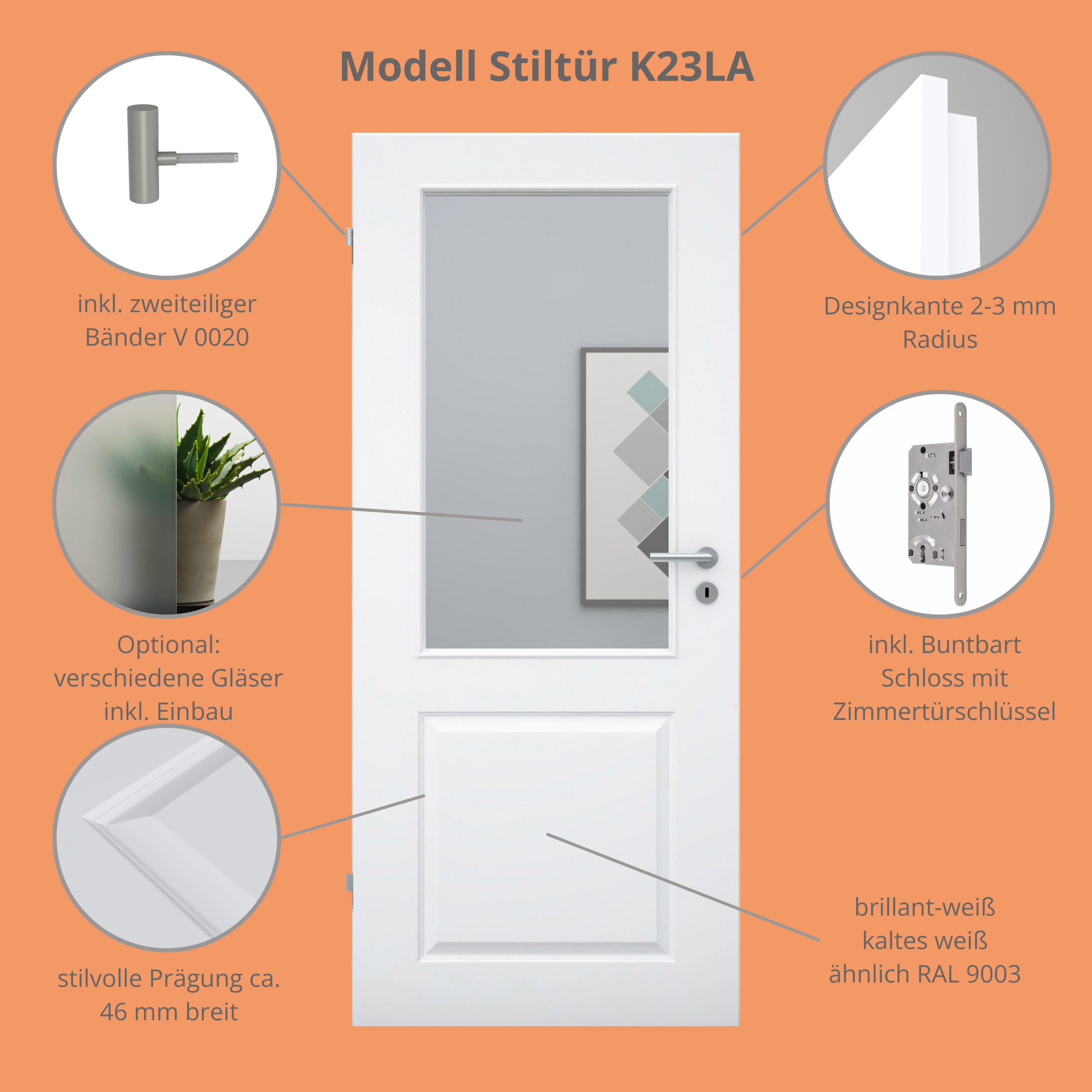 Zimmertür mit Lichtausschnitt brillant-weiß 2 Kassetten Designkante - Modell Stiltür K23LA