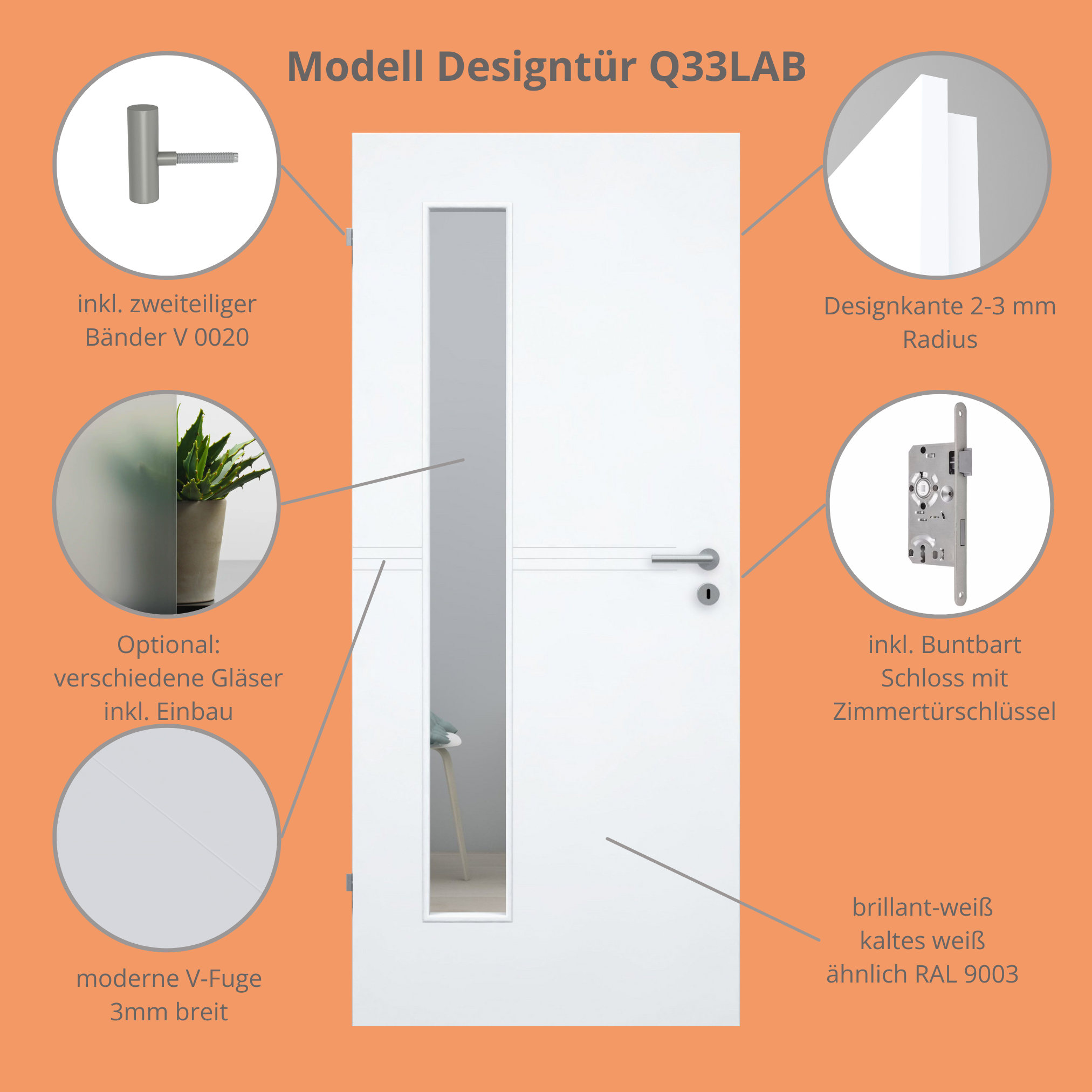 Zimmertür mit Lichtausschnitt brillant-weiß 3 Rillen Designkante - Modell Designtür Q33LAB