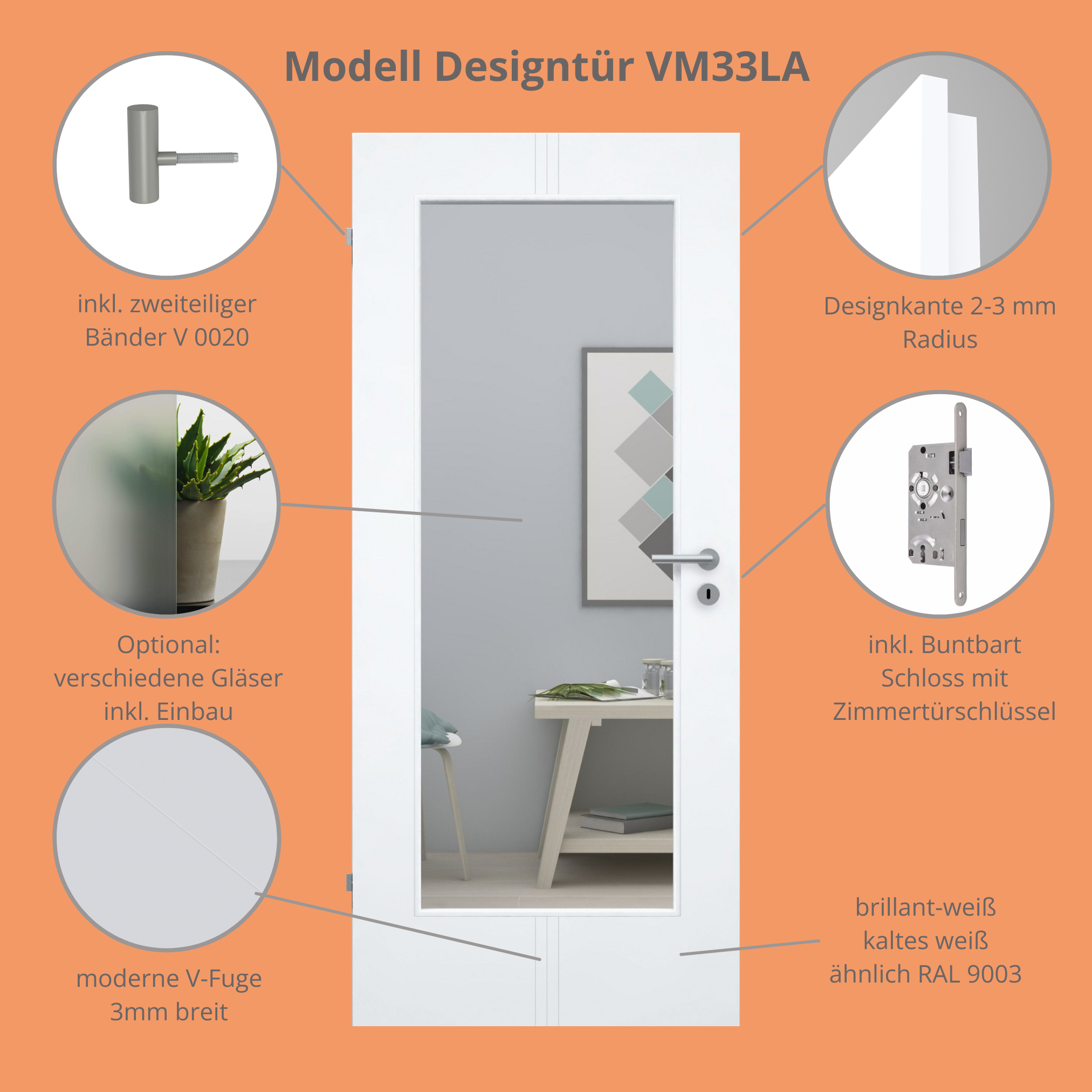 Zimmertür mit Lichtausschnitt brillant-weiß 3 Rillen aufrecht Designkante - Modell Designtür VM33LA