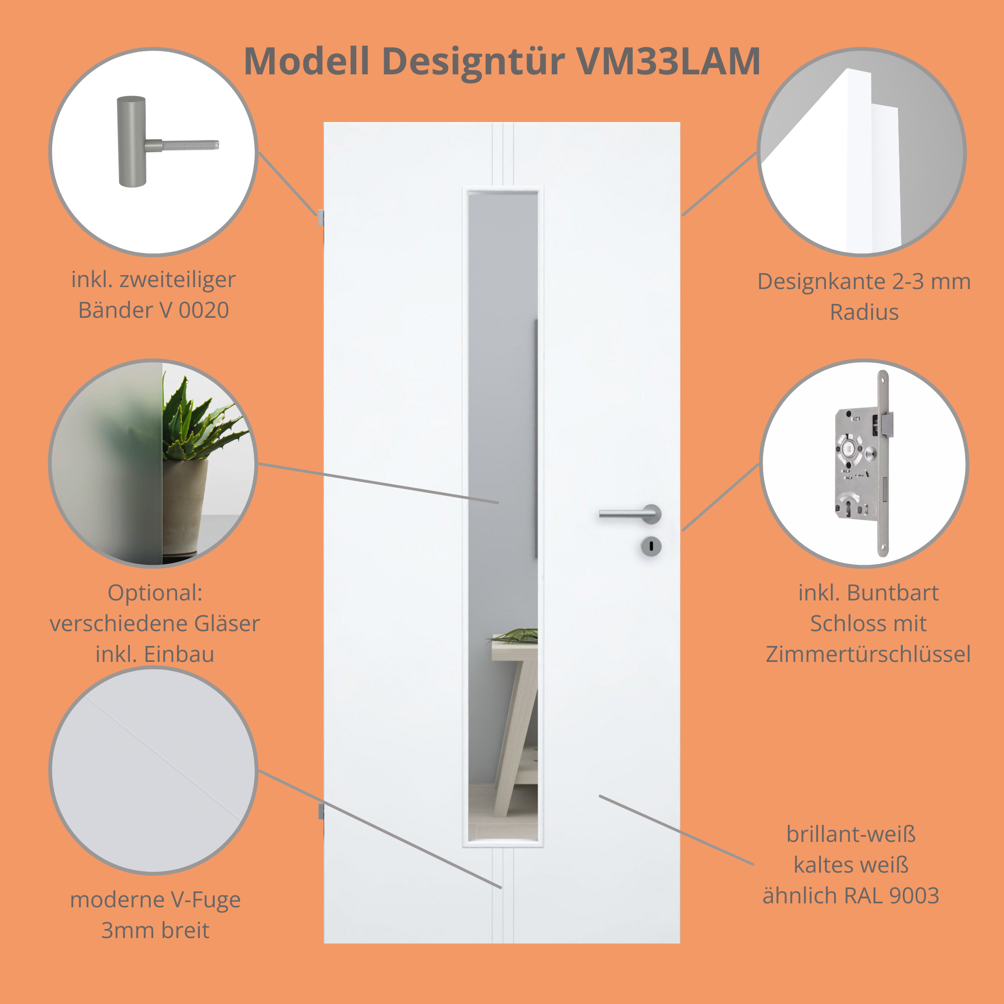 Zimmertür mit Lichtausschnitt brillant-weiß 3 Rillen aufrecht Designkante - Modell Designtür VM33LAM