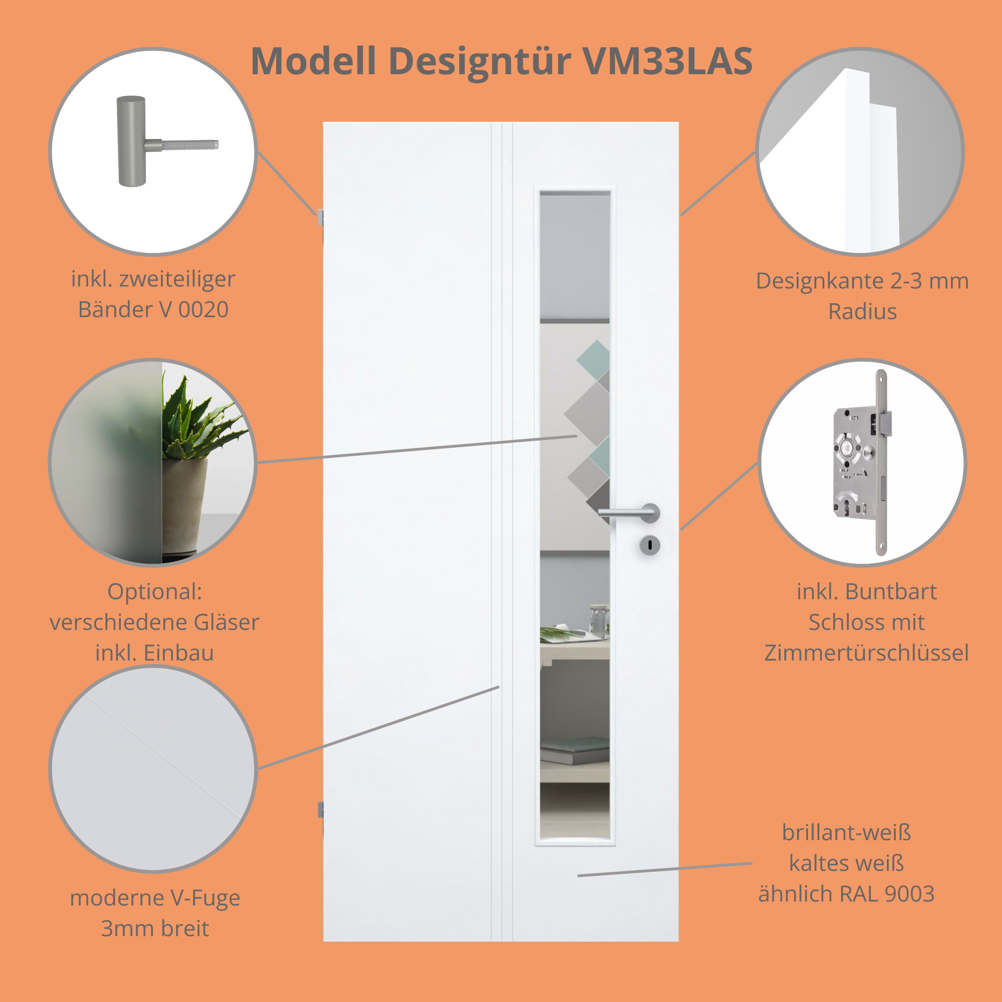 Zimmertür mit Lichtausschnitt brillant-weiß 3 Rillen aufrecht Designkante - Modell Designtür VM33LAS