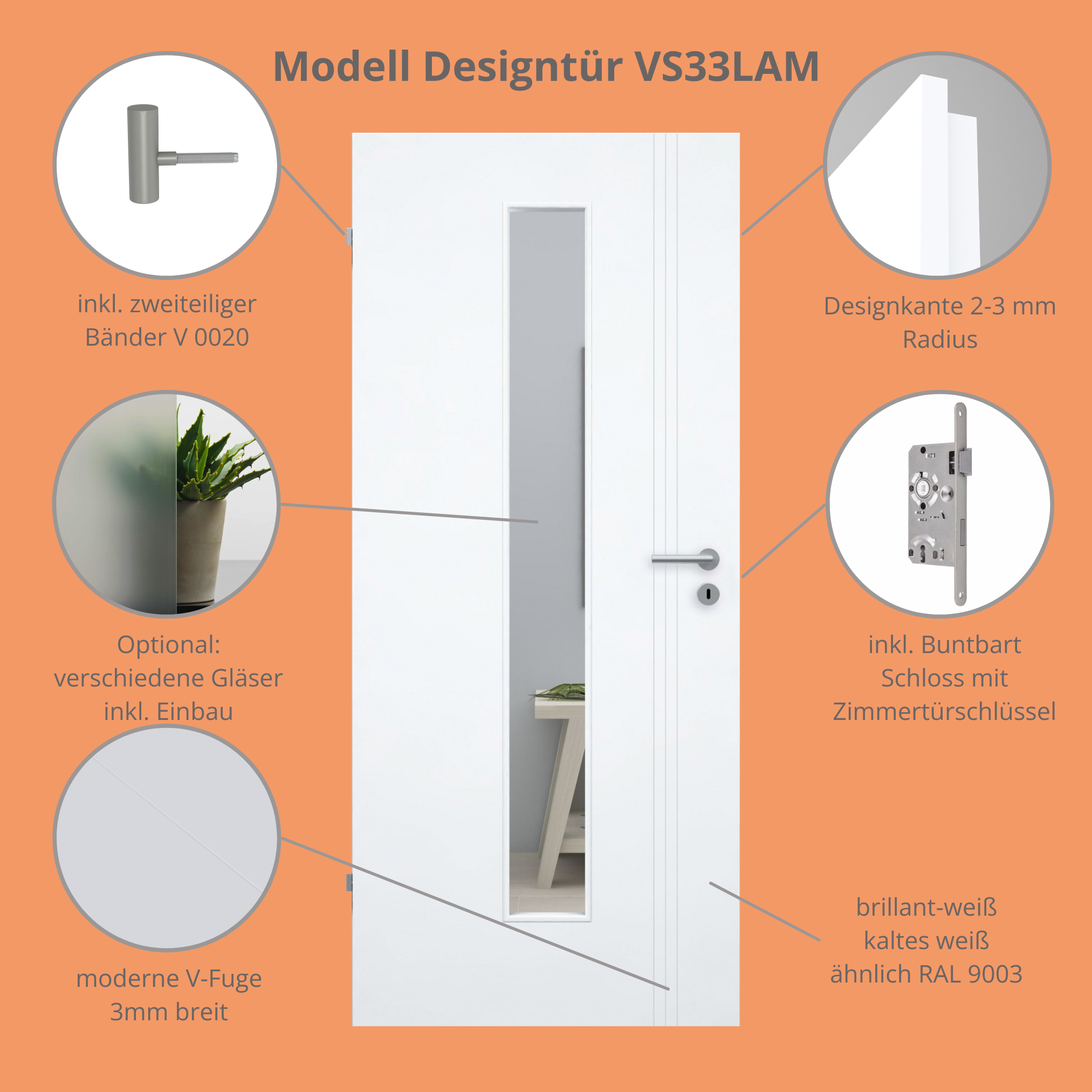 Zimmertür mit Lichtausschnitt brillant-weiß 3 Rillen aufrecht Schlossseite Designkante - Modell Designtür VS33LAM