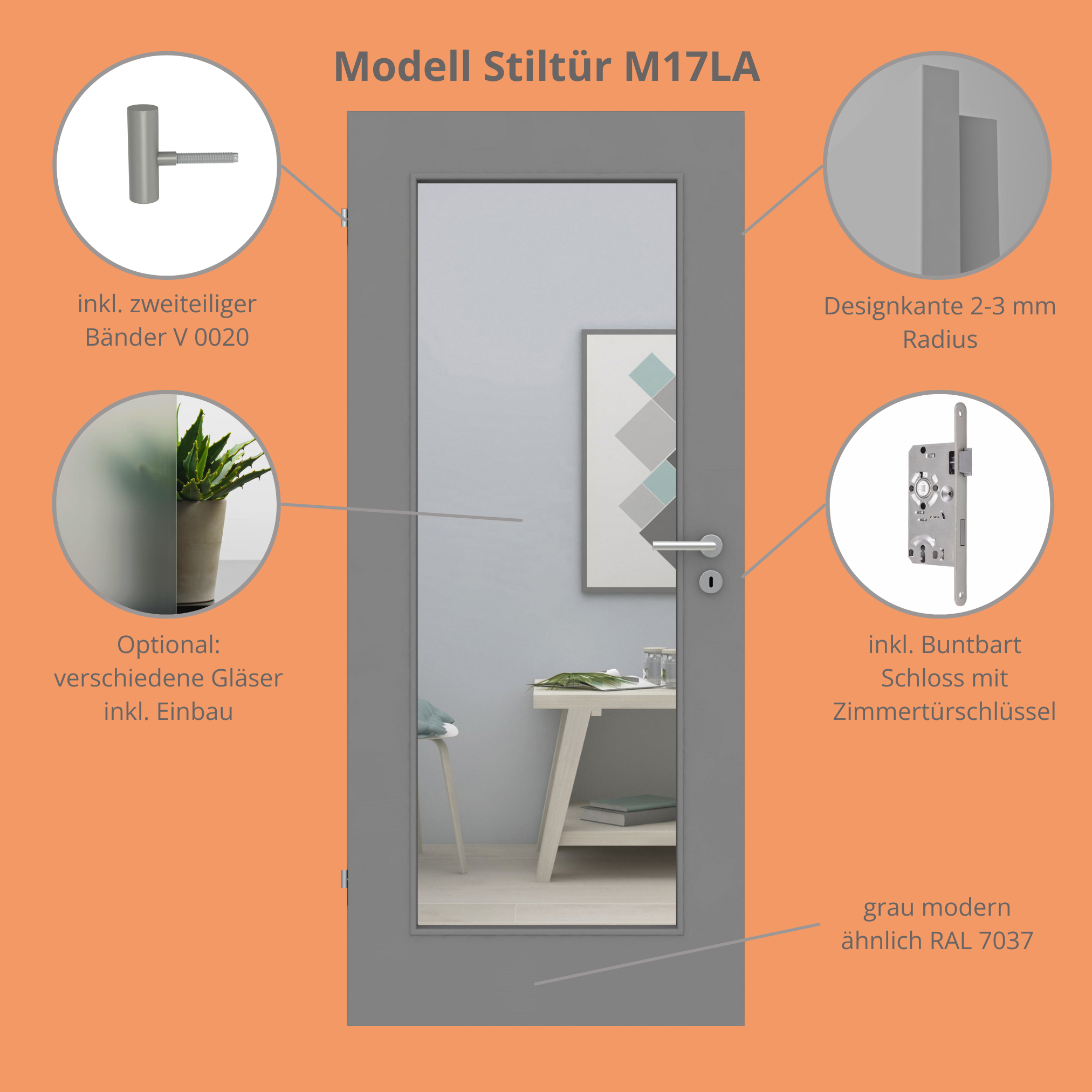 Zimmertür mit Lichtausschnitt grau 1 Kassette Designkante - Modell Stiltür M17LA