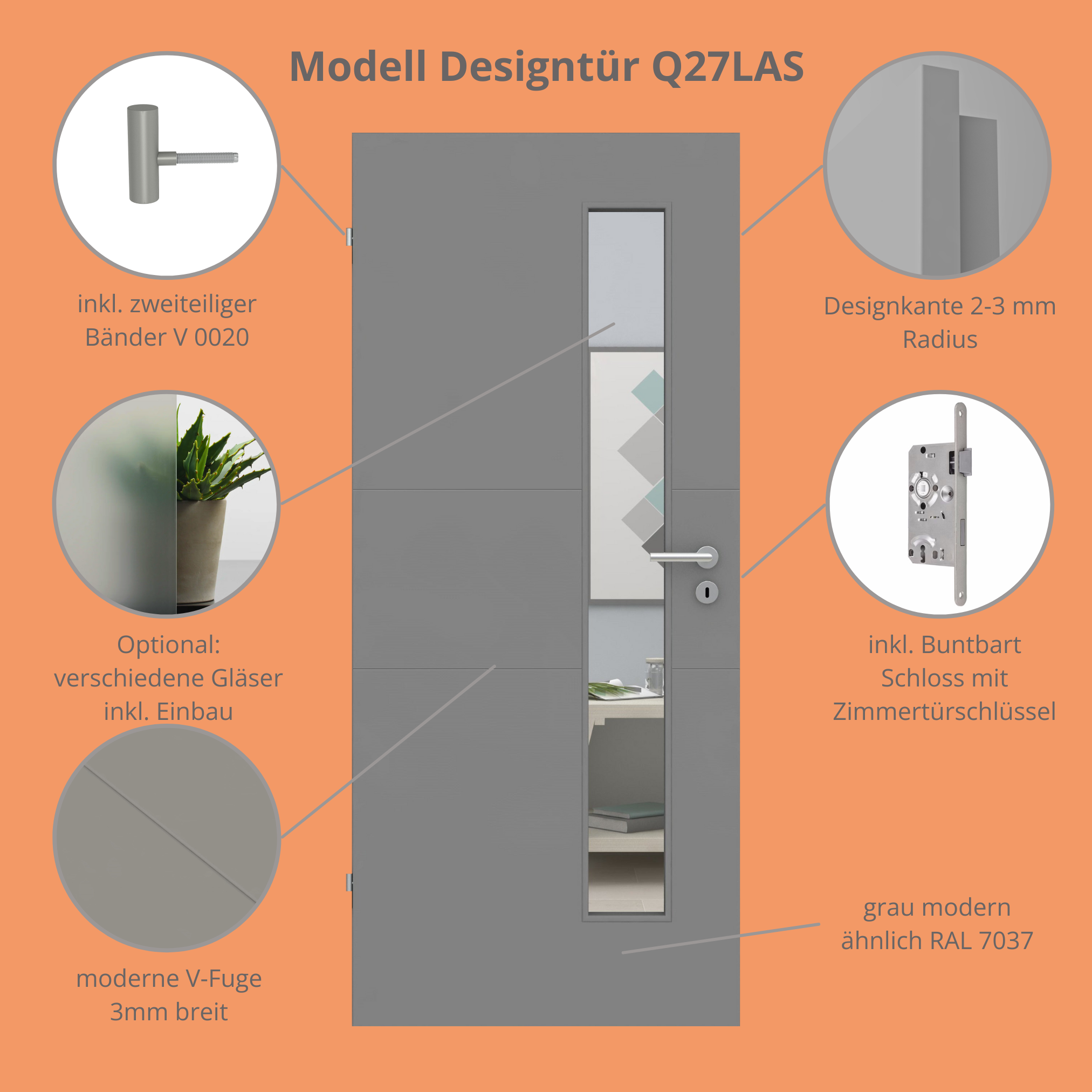 Zimmertür mit Lichtausschnitt grau 2 Rillen quer Designkante - Modell Designtür Q27LAS