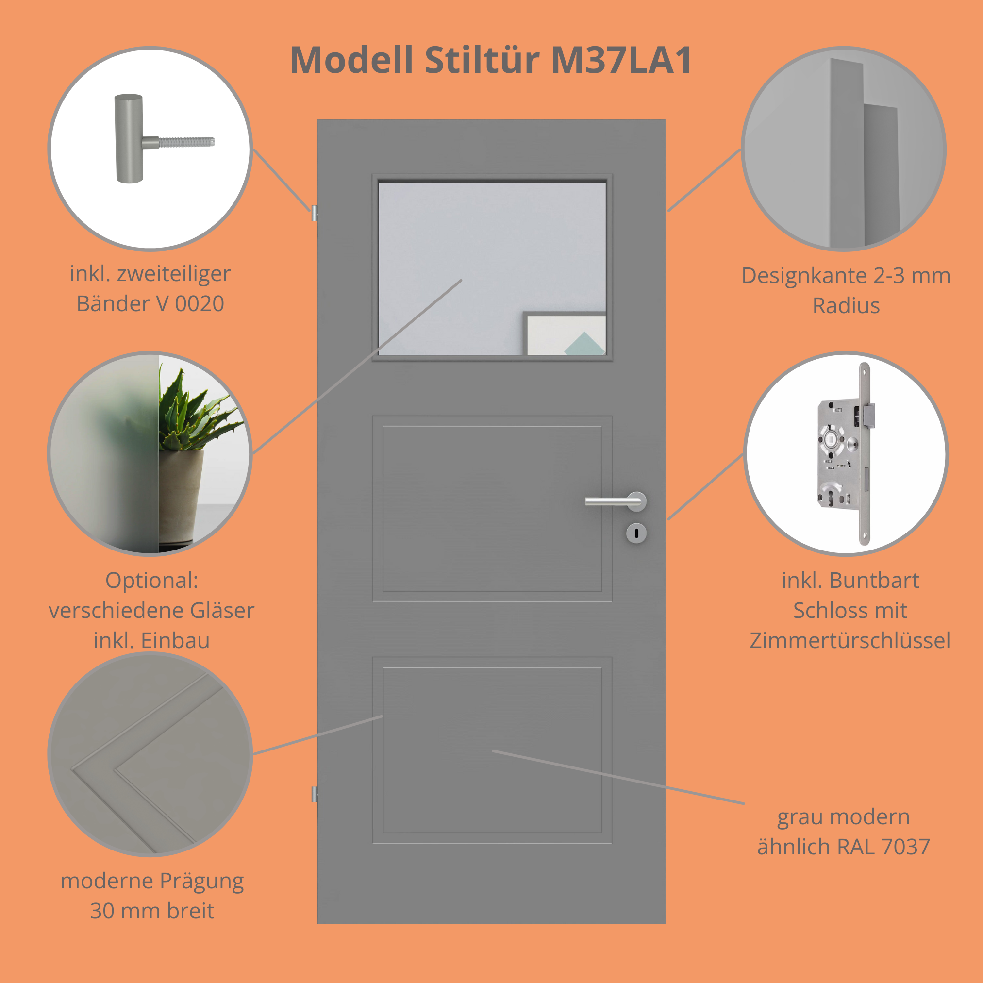 Zimmertür mit Lichtausschnitt grau 3 Kassetten Designkante - Modell Stiltür M37LA1