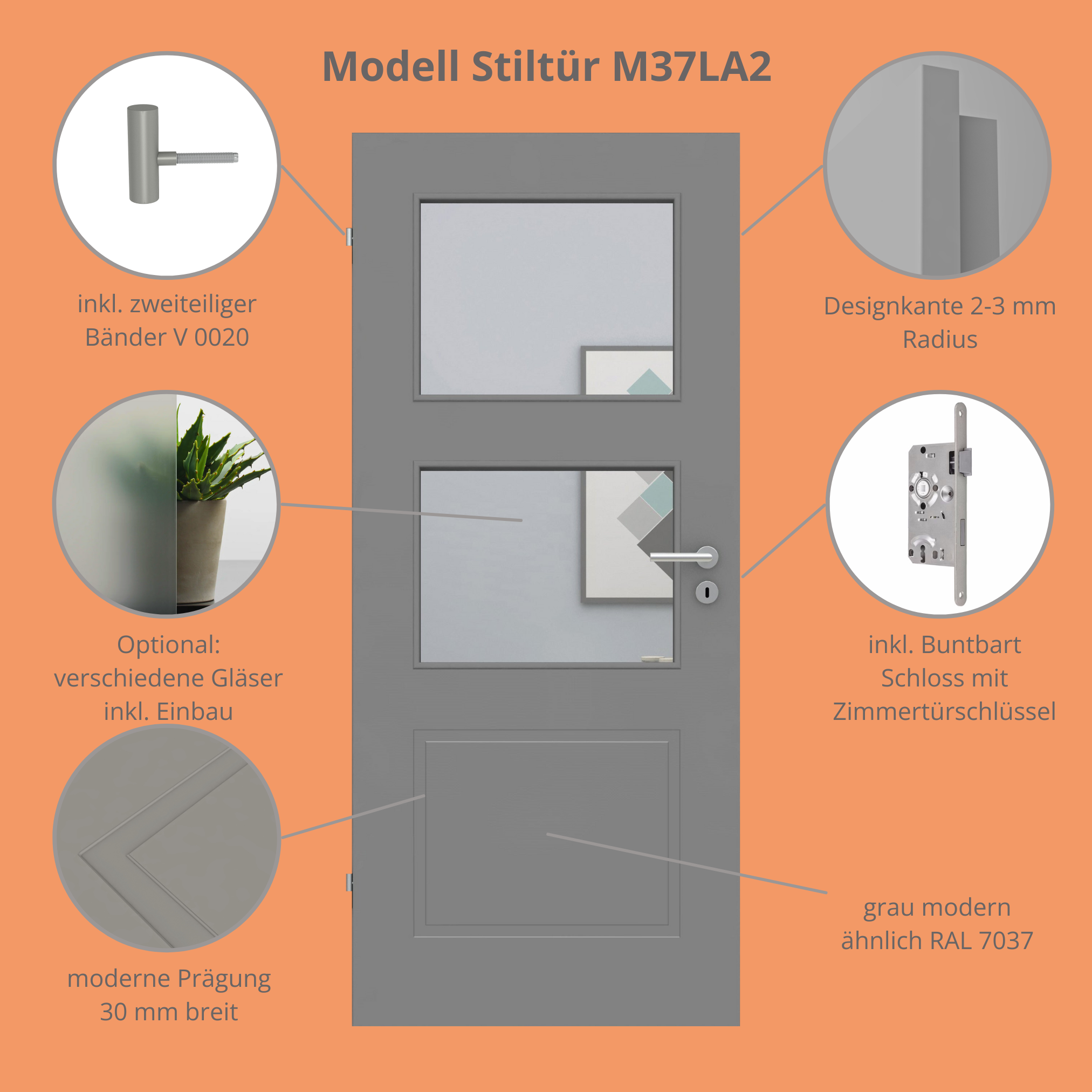 Zimmertür mit Lichtausschnitt grau 3 Kassetten Designkante - Modell Stiltür M37LA2