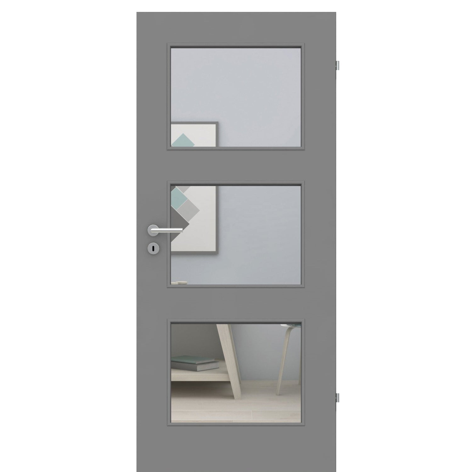 Zimmertür mit Lichtausschnitt grau 3 Kassetten Designkante - Modell Stiltür M37LA3