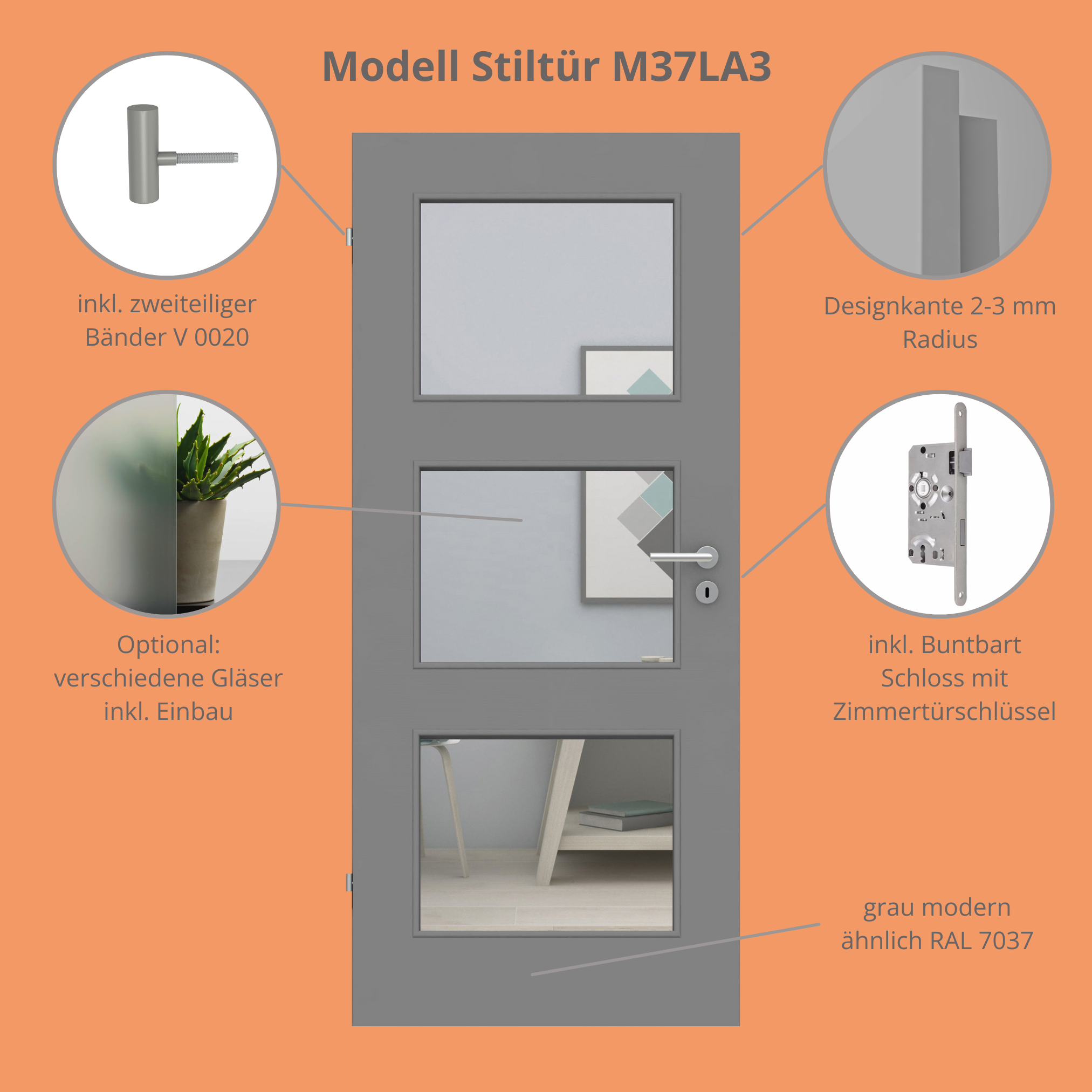 Zimmertür mit Lichtausschnitt grau 3 Kassetten Designkante - Modell Stiltür M37LA3