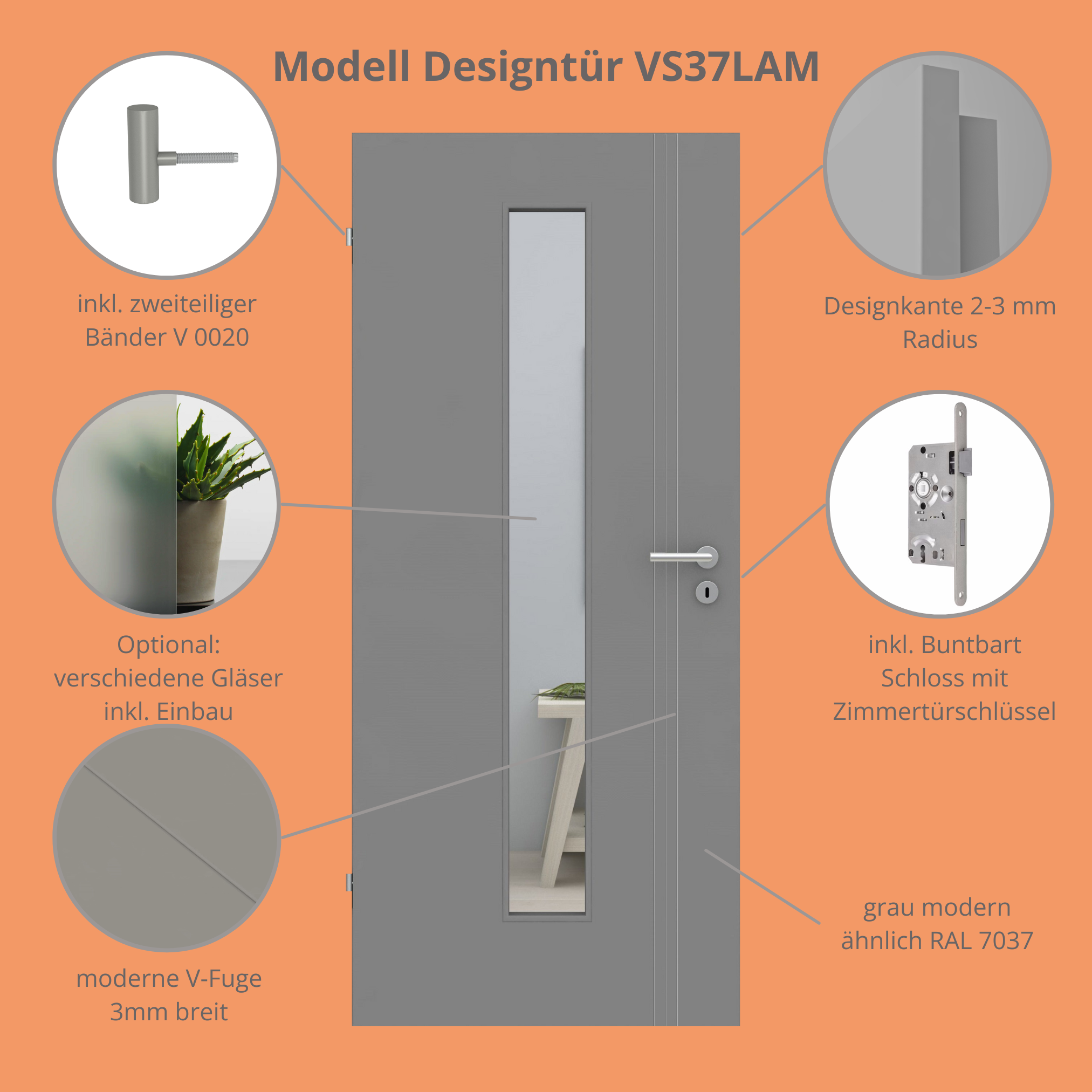 Zimmertür mit Lichtausschnitt grau 3 Rillen aufrecht Schlosseite Designkante - Modell Designtür VS37LAM