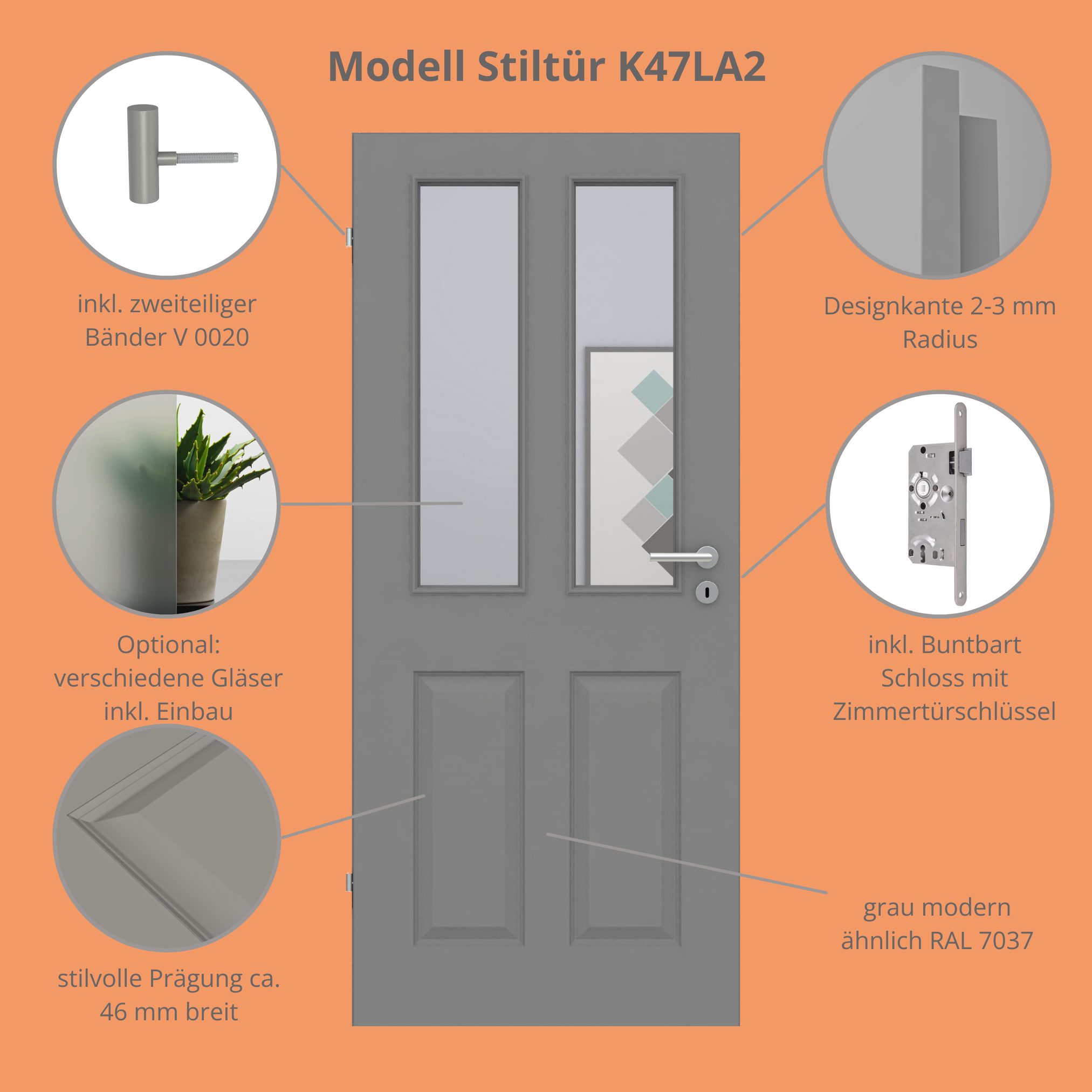 Zimmertür mit Lichtausschnitt grau 4 Kassetten Designkante - Modell Stiltür K47LA2
