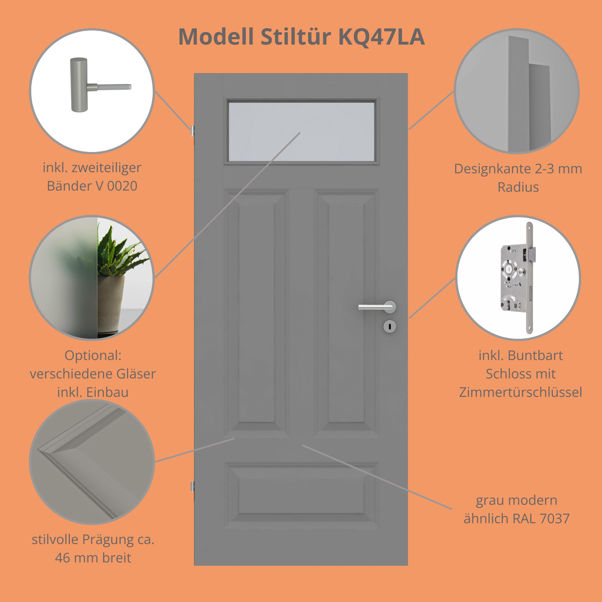 Zimmertür mit Lichtausschnitt grau 4 Kassetten Quer Designkante - Modell Stiltür KQ47LA