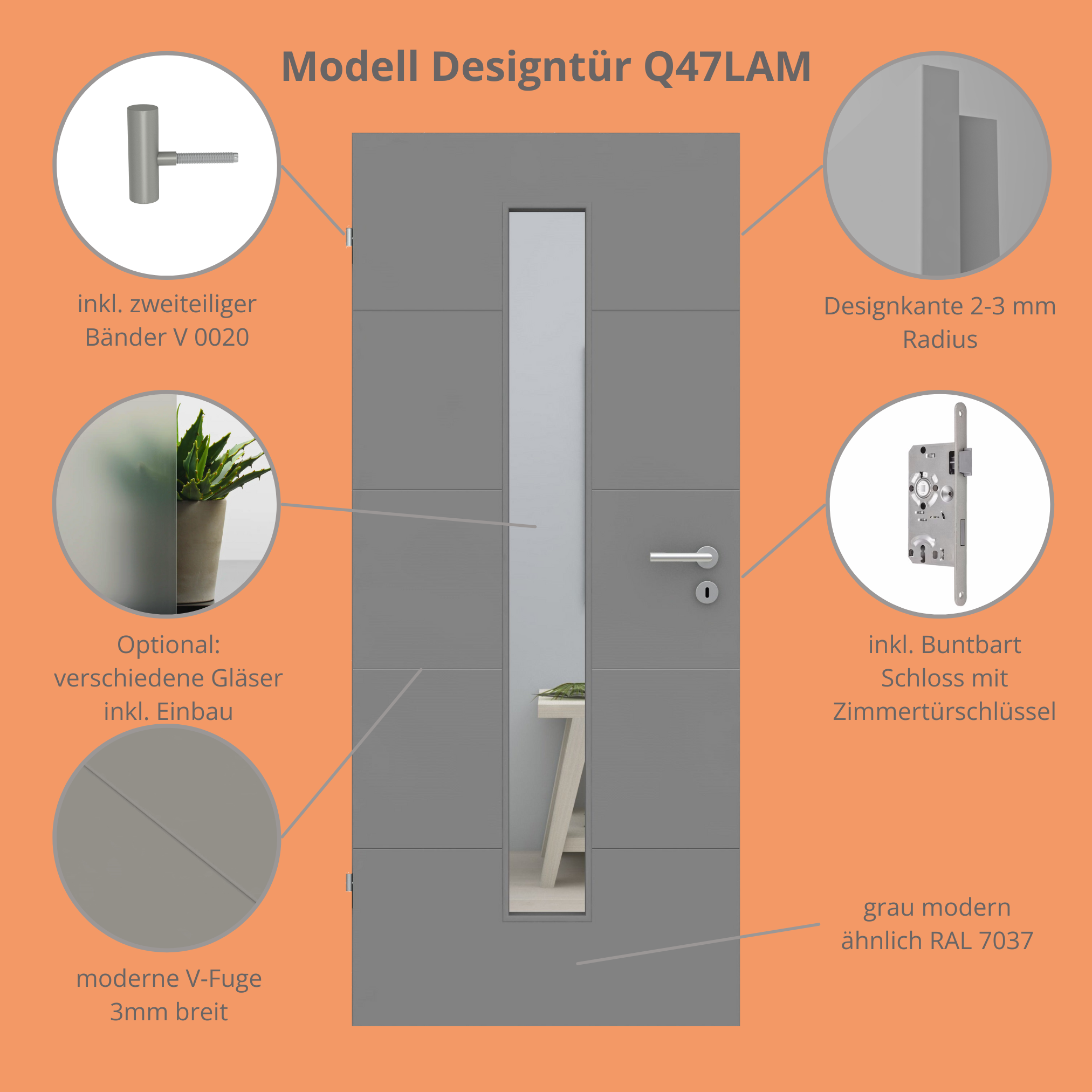 Zimmertür mit Lichtausschnitt grau 4 Rillen quer Designkante - Modell Designtür Q47LAM