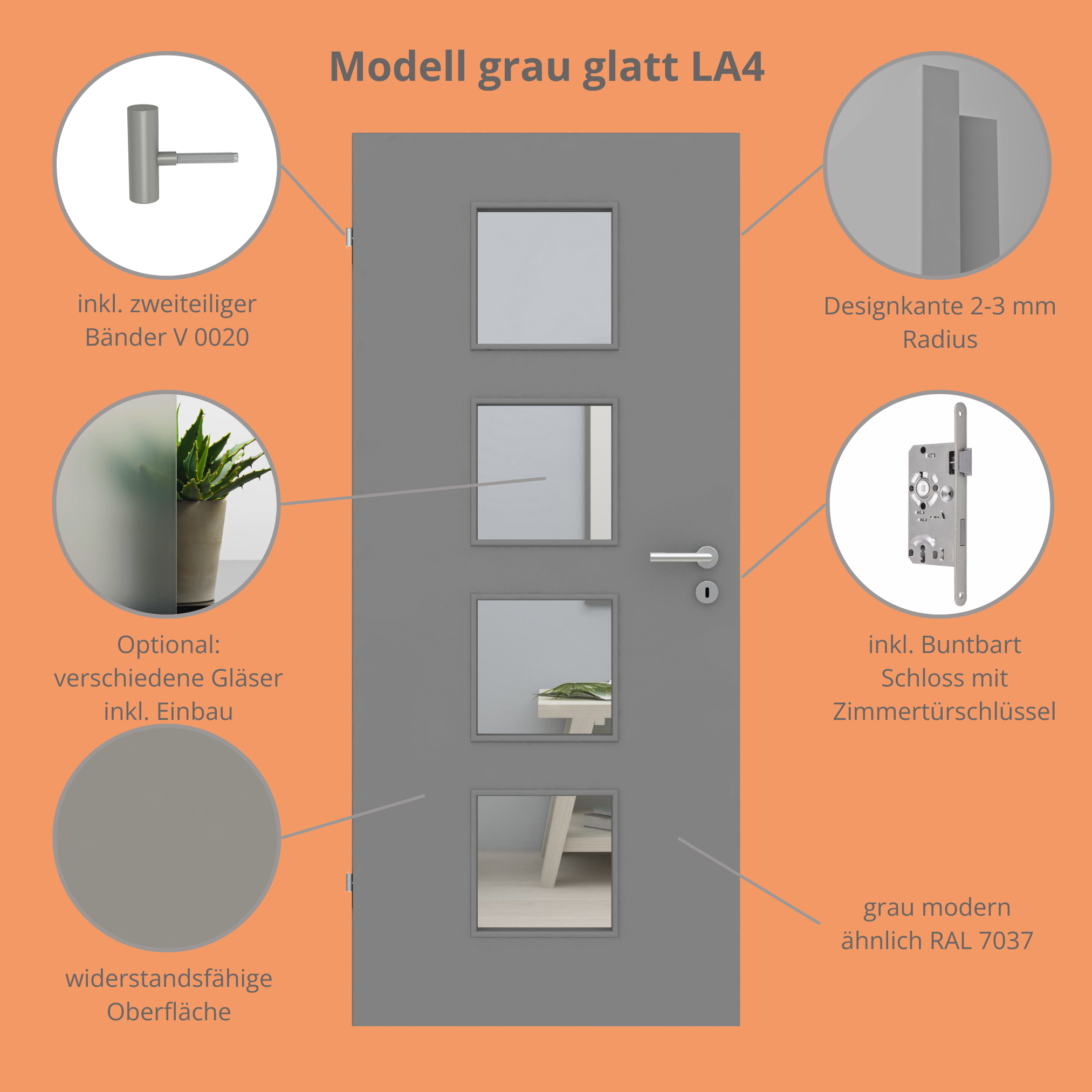 Zimmertür mit Lichtausschnitt grau glatt Designkante - Modell LA4