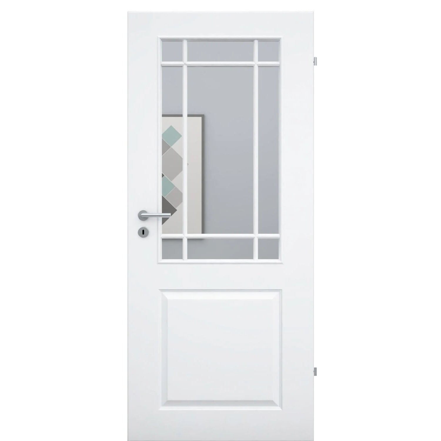 Zimmertür mit Lichtausschnitt mit Sprossenrahmen klassisch brillant-weiß 2 Kassetten Designkante - Modell Stiltür K23LASPK