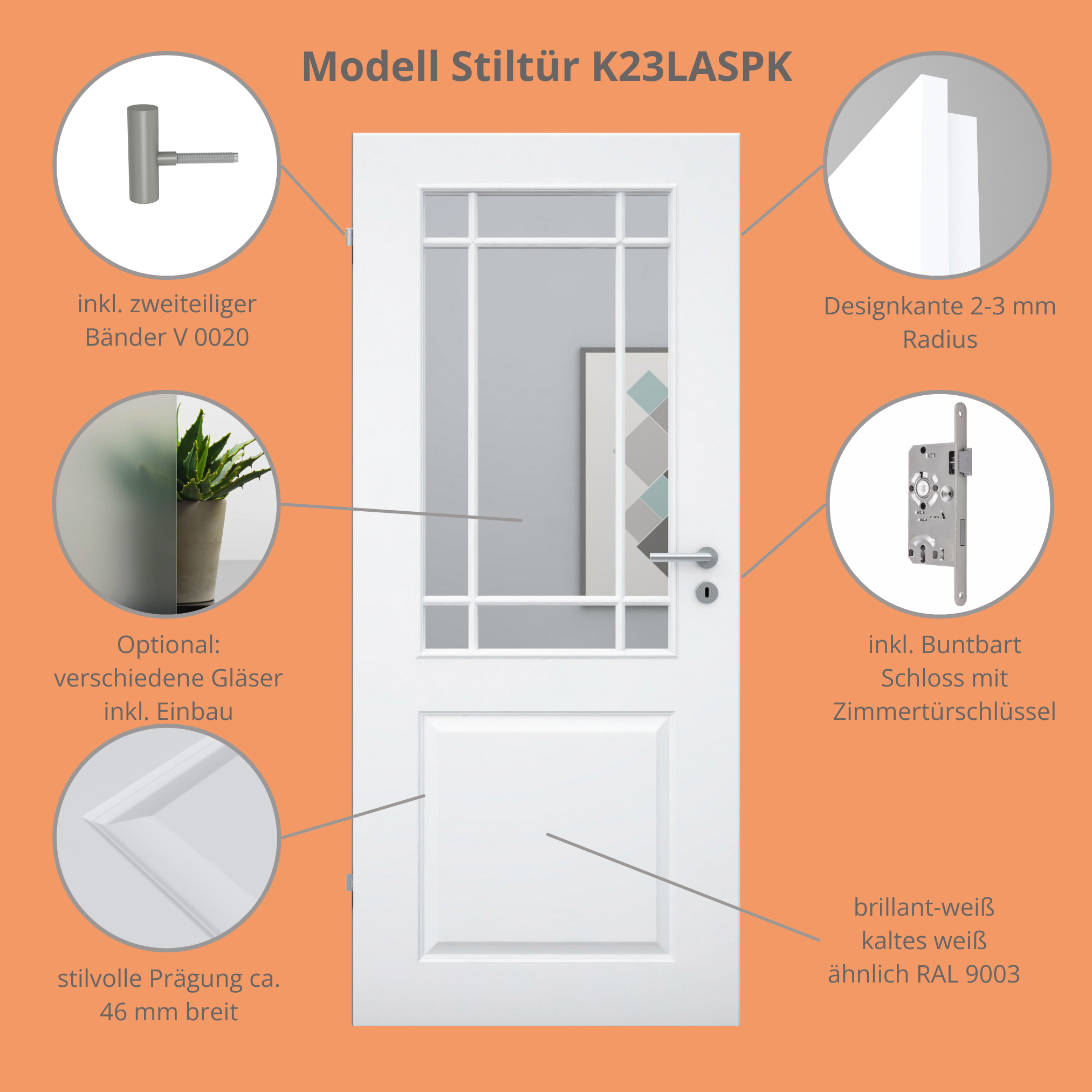 Zimmertür mit Lichtausschnitt mit Sprossenrahmen klassisch brillant-weiß 2 Kassetten Designkante - Modell Stiltür K23LASPK