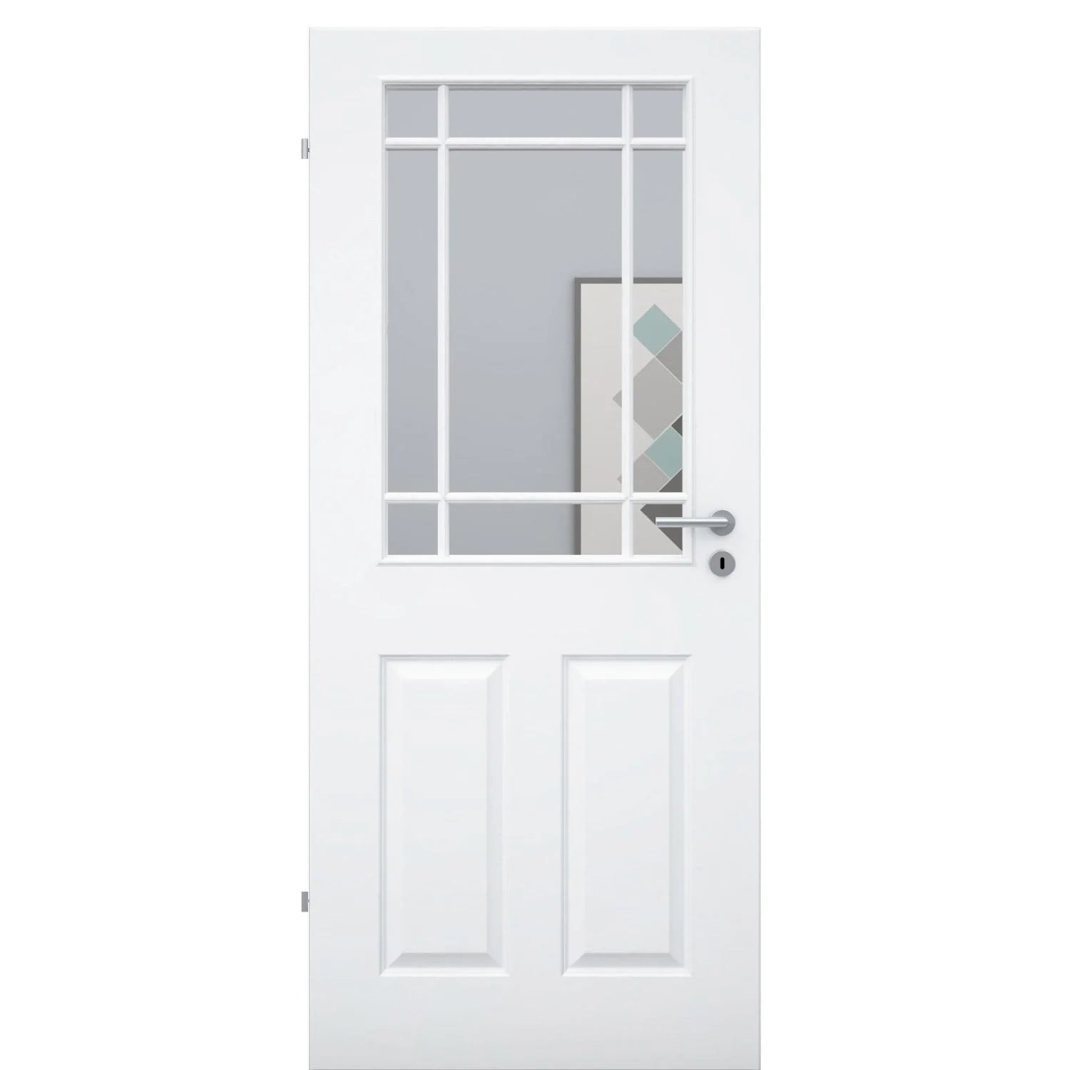 Zimmertür mit Lichtausschnitt mit Sprossenrahmen klassisch brillant-weiß 4 Kassetten Designkante - Modell Stiltür K43LASPK