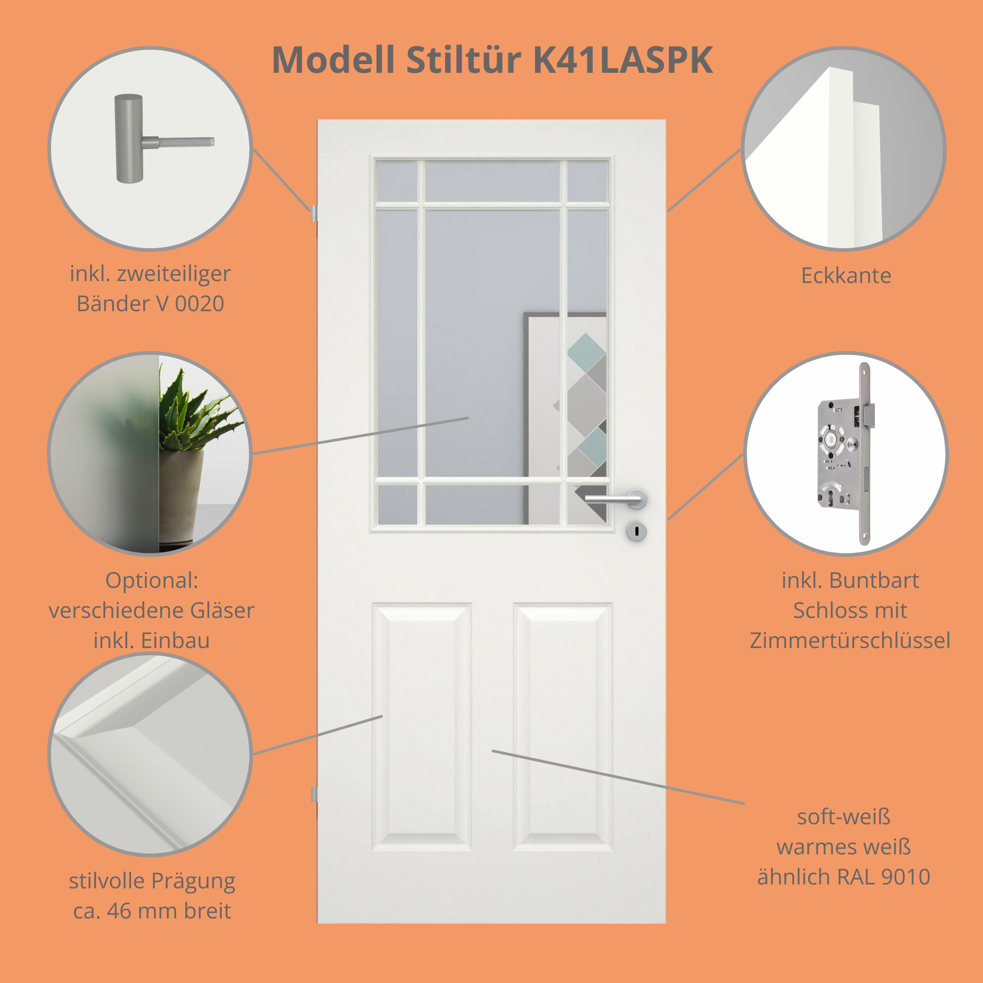 Zimmertür mit Lichtausschnitt mit Sprossenrahmen klassisch soft-weiß 4 Kassetten Eckkante - Modell Stiltür K41LASPK