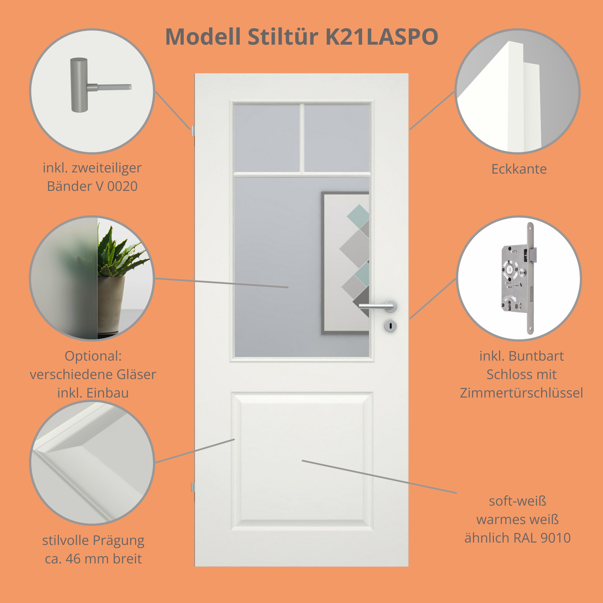 Zimmertür mit Lichtausschnitt mit Sprossenrahmen soft-weiß 2 Kassetten Eckkante - Modell Stiltür K21LASPO