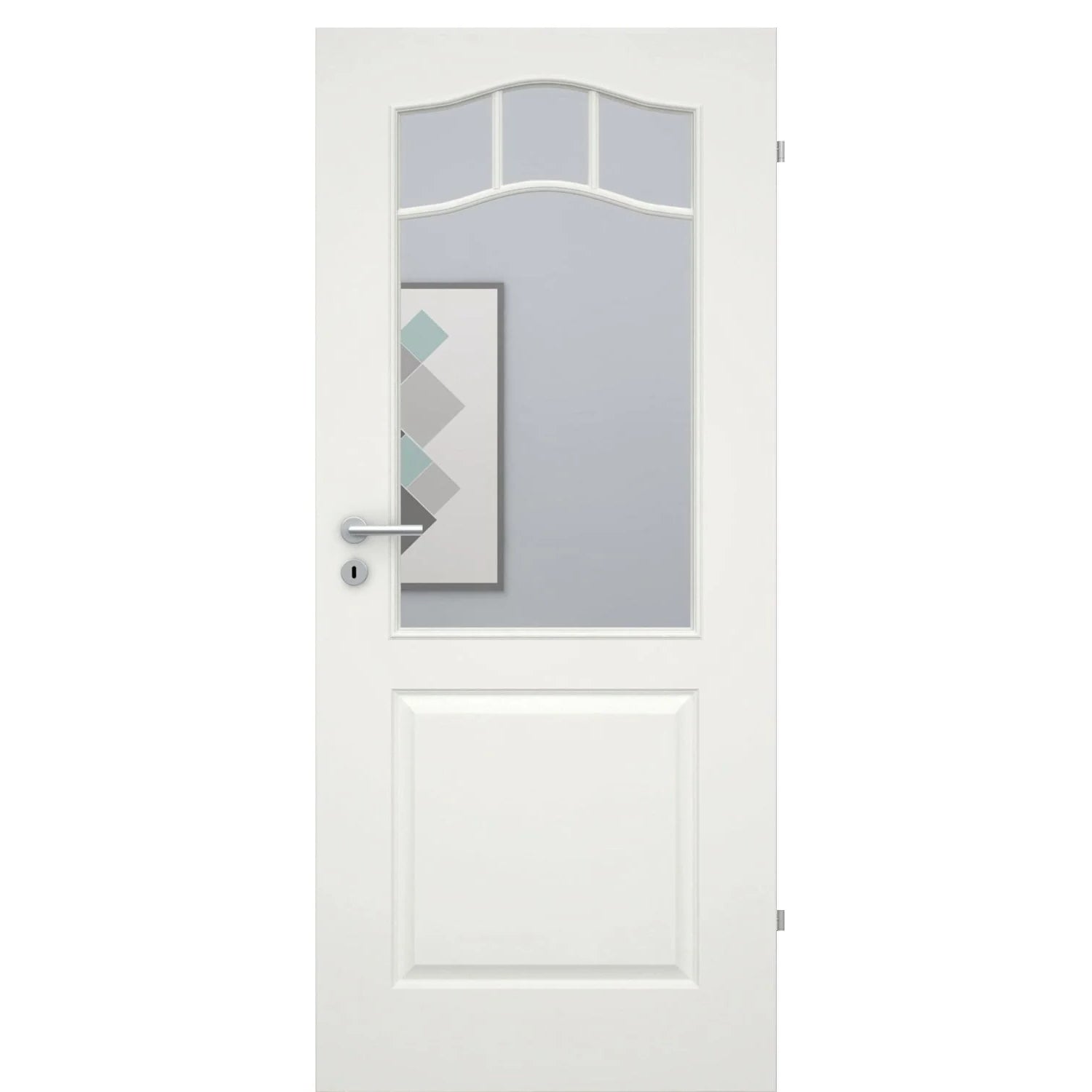Zimmertür mit Lichtausschnitt mit Sprossenrahmen soft-weiß 2 Kassetten Schweifbogen Eckkante - Modell Stiltür KS21LASPO