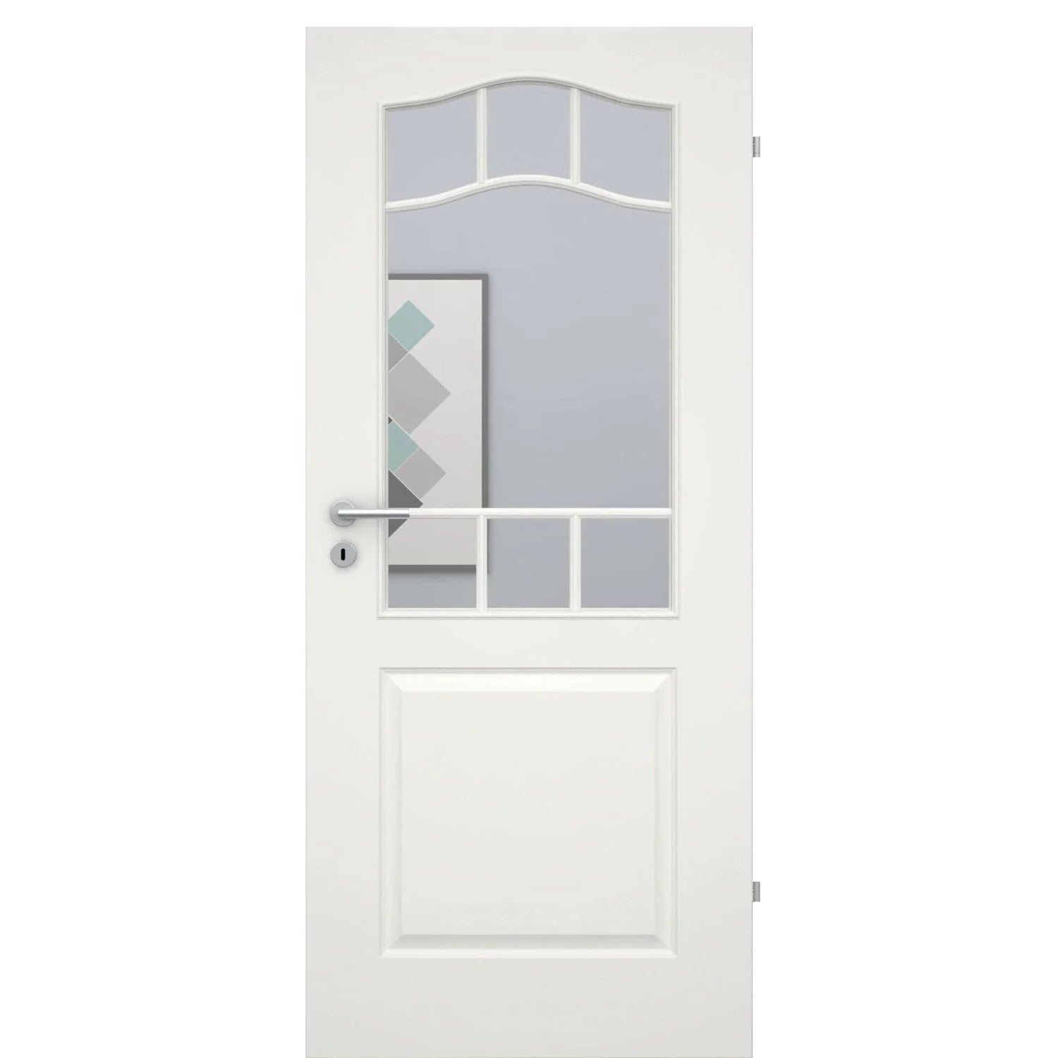 Zimmertür mit Lichtausschnitt mit Sprossenrahmen soft-weiß 2 Kassetten Schweifbogen Eckkante - Modell Stiltür KS21LASPOU