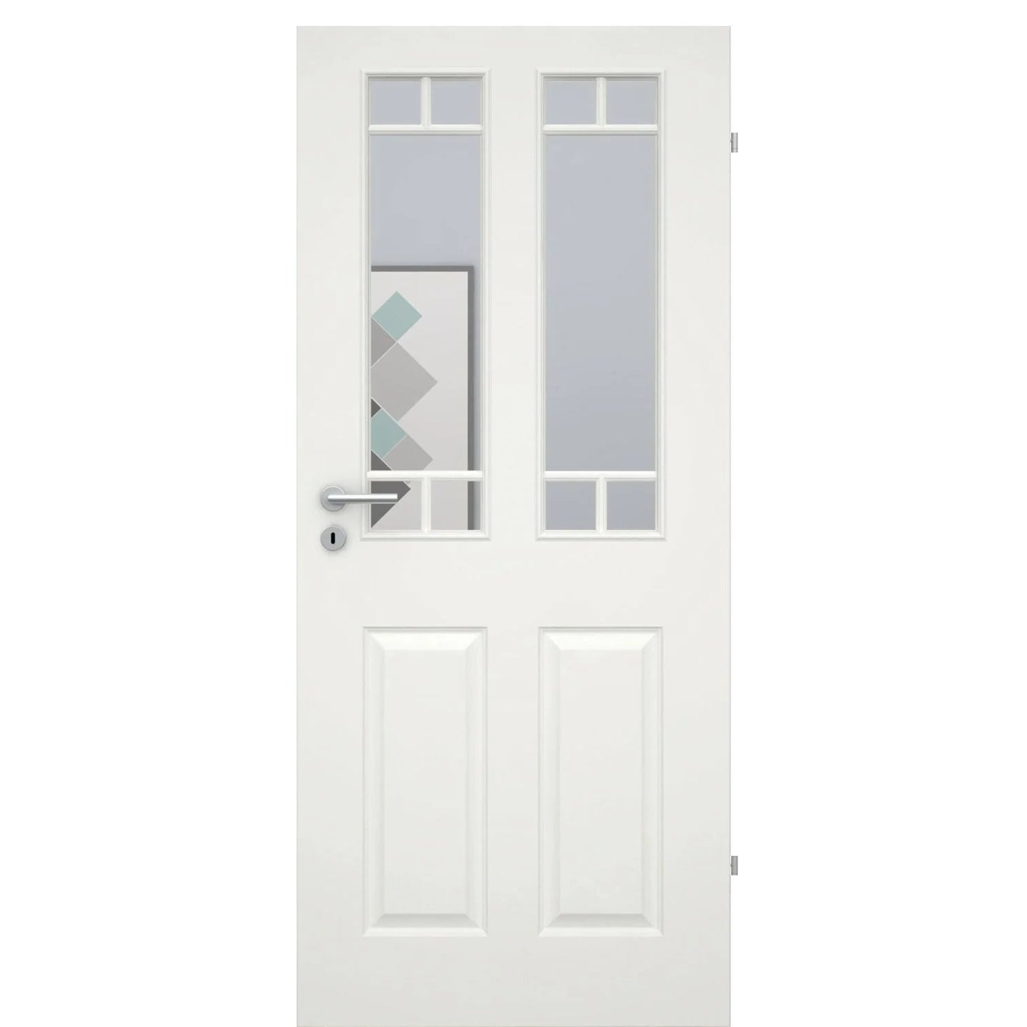 Zimmertür mit Lichtausschnitt mit Sprossenrahmen soft-weiß 4 Kassetten Eckkante - Modell Stiltür K41LA2SP
