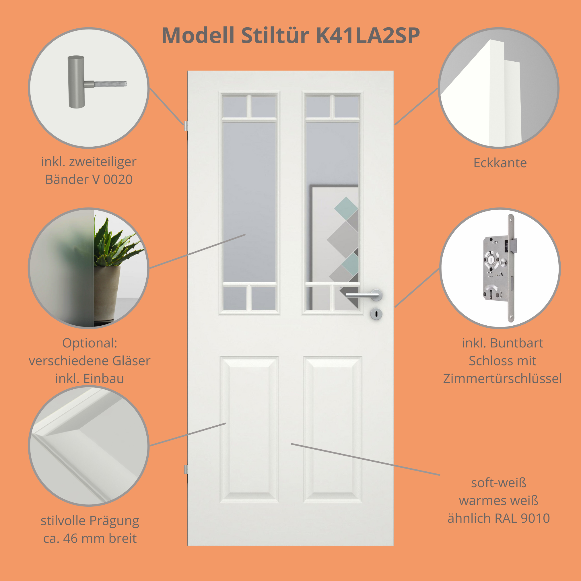 Zimmertür mit Lichtausschnitt mit Sprossenrahmen soft-weiß 4 Kassetten Eckkante - Modell Stiltür K41LA2SP