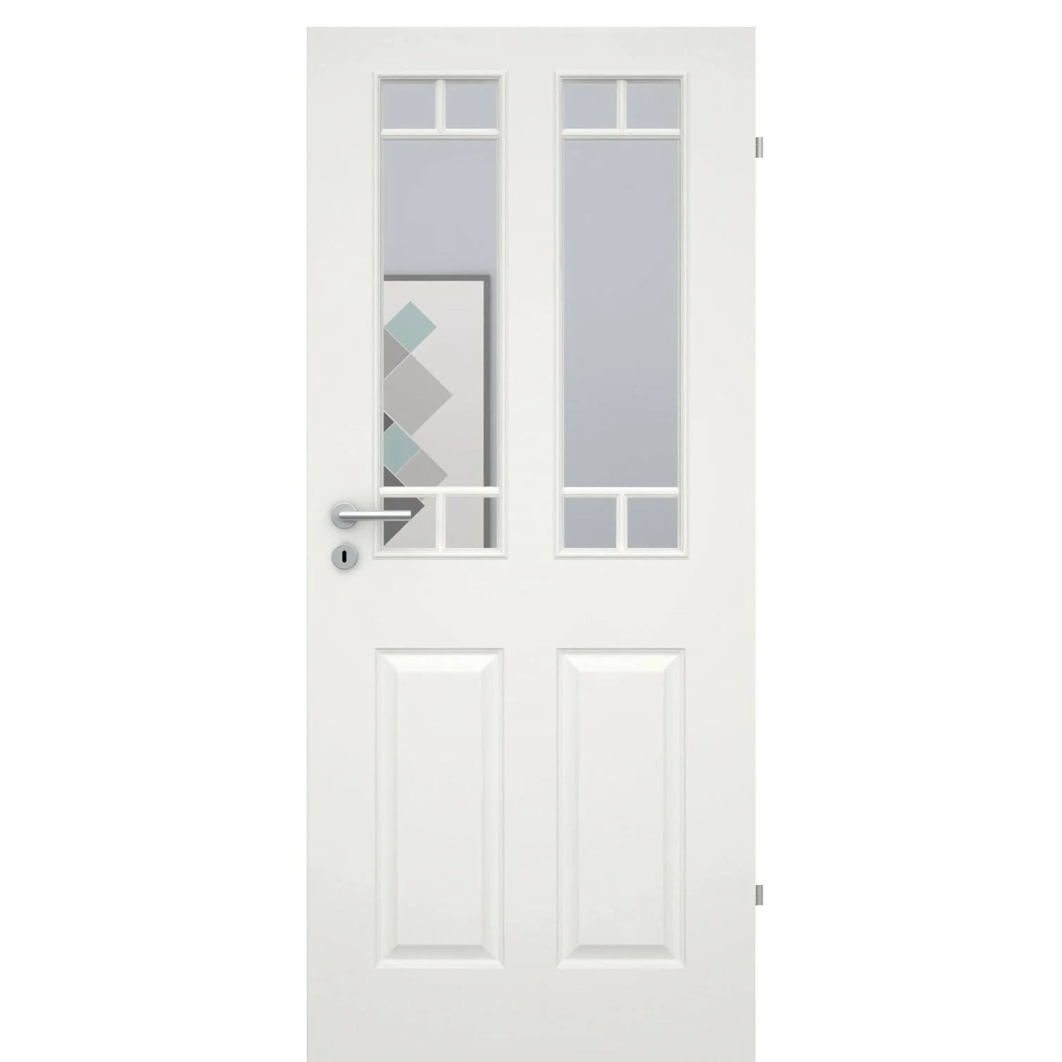 Zimmertür mit Lichtausschnitt mit Sprossenrahmen soft-weiß 4 Kassetten Rundkante - Modell Stiltür K41LA2SP