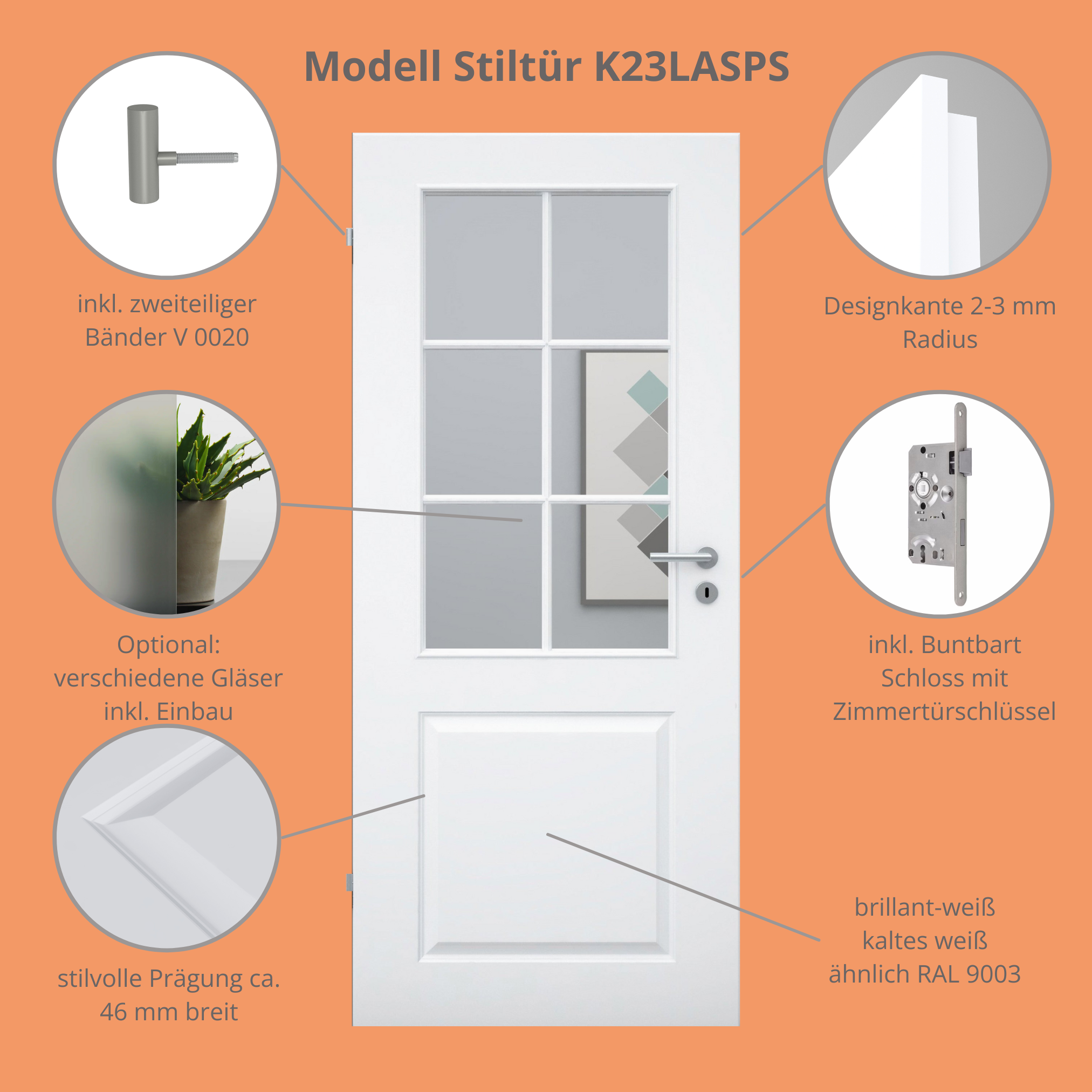 Zimmertür mit Lichtausschnitt mit Sprossenrahmen standard brillant-weiß 2 Kassetten Designkante - Modell Stiltür K23LASPS