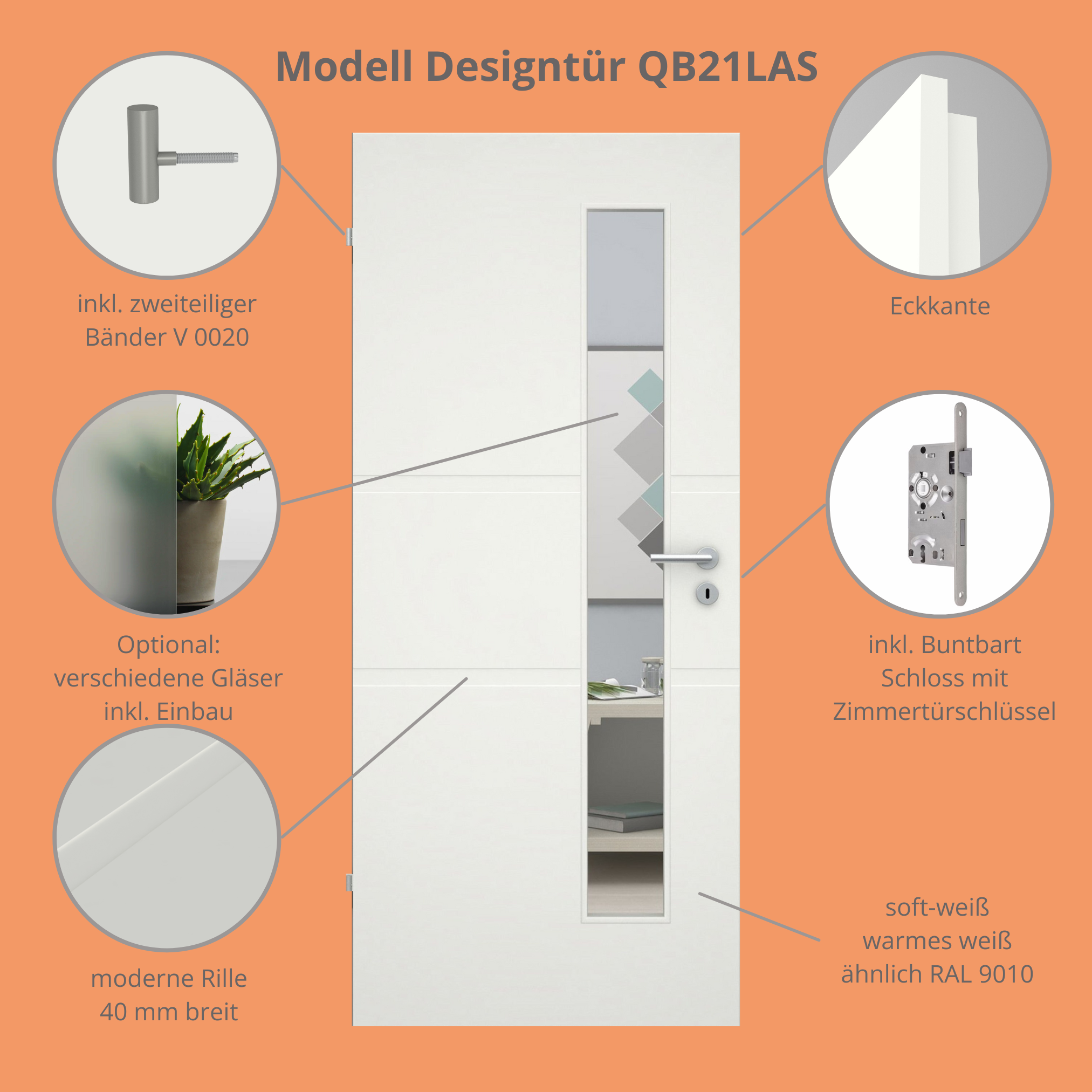 Zimmertür mit Lichtausschnitt soft-weiß 2 breite Rillen Eckkante - Modell Designtür QB21LAS