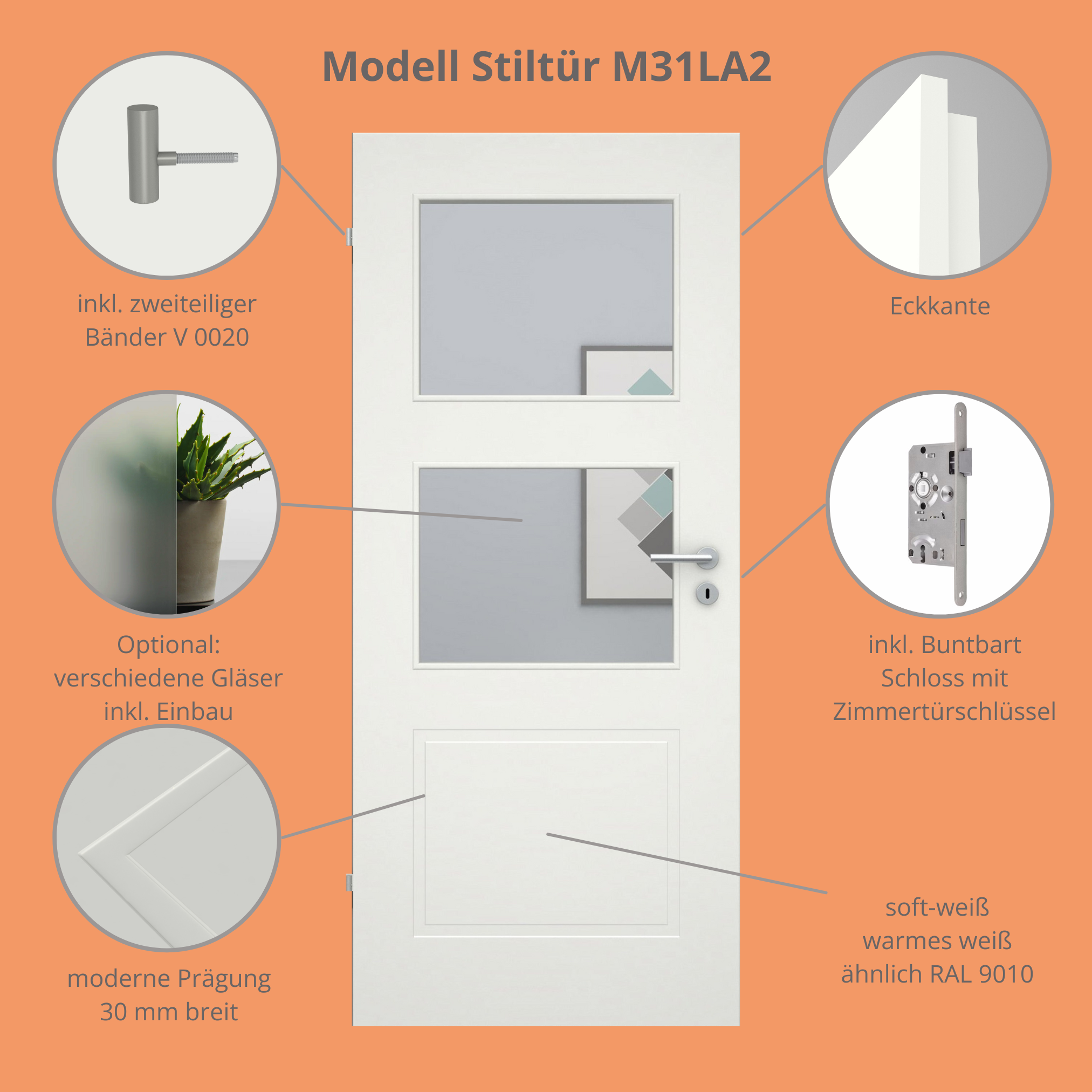 Zimmertür mit Lichtausschnitt soft-weiß 3 Kassetten Eckkante - Modell Stiltür M31LA2
