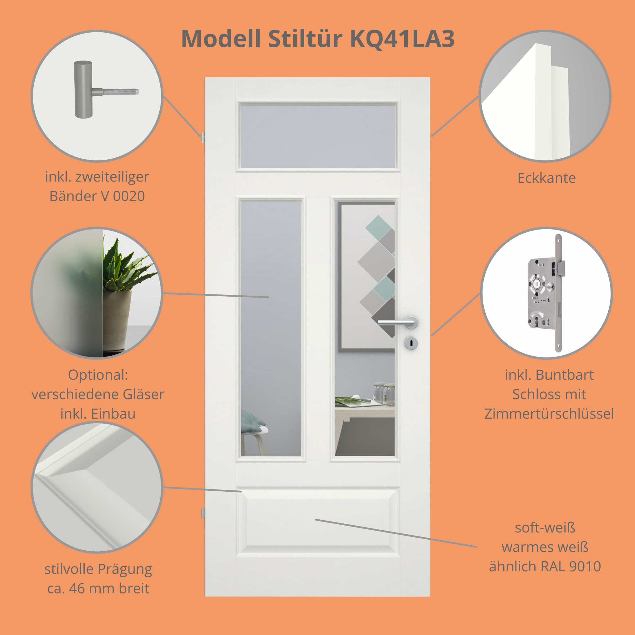 Zimmertür mit Lichtausschnitt soft-weiß 4 Kassetten Quer Eckkante - Modell Stiltür KQ41LA3