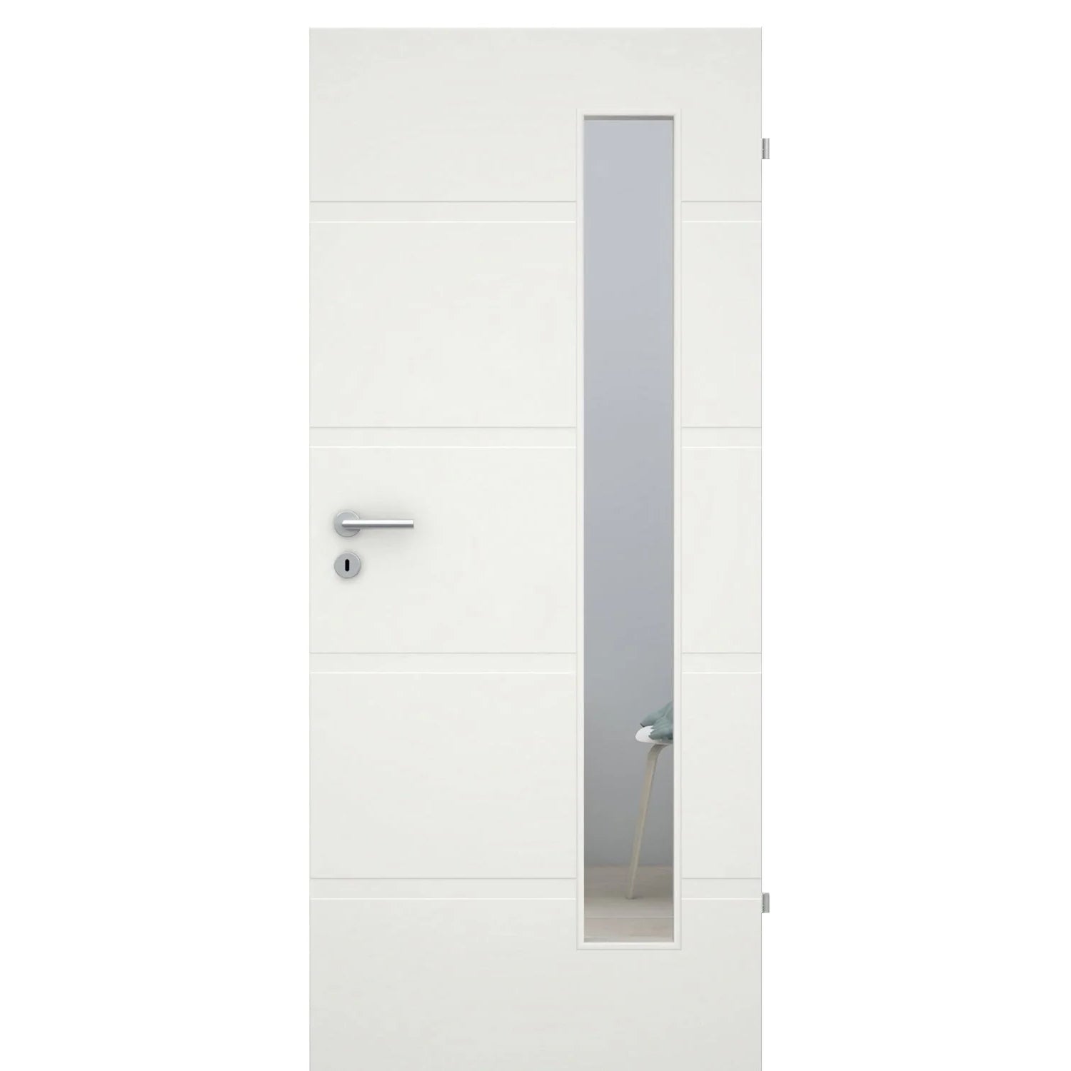 Zimmertür mit Lichtausschnitt soft-weiß 4 breite Rillen Eckkante - Modell Designtür QB41LAB