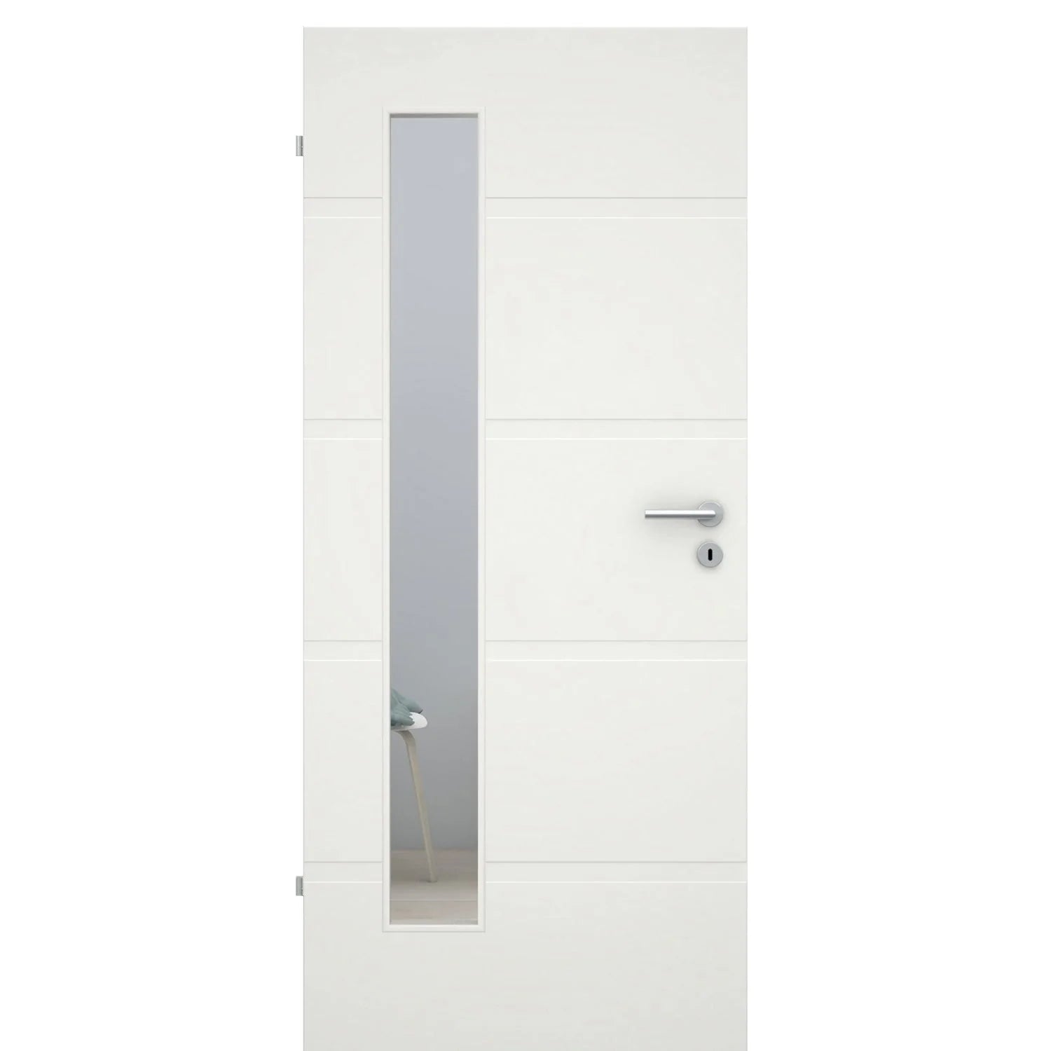 Zimmertür mit Lichtausschnitt soft-weiß 4 breite Rillen Eckkante - Modell Designtür QB41LAB