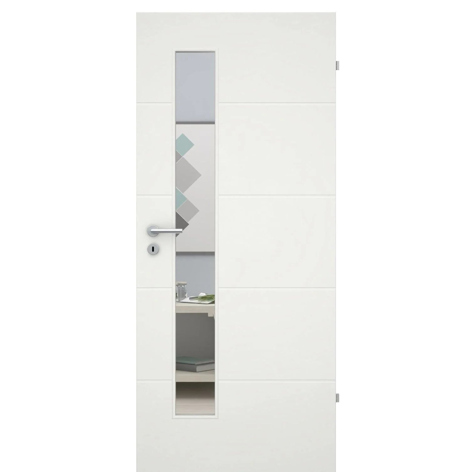 Zimmertür mit Lichtausschnittsoft-weiß 4 Rillen Eckkante - Modell Designtür Q41LAS