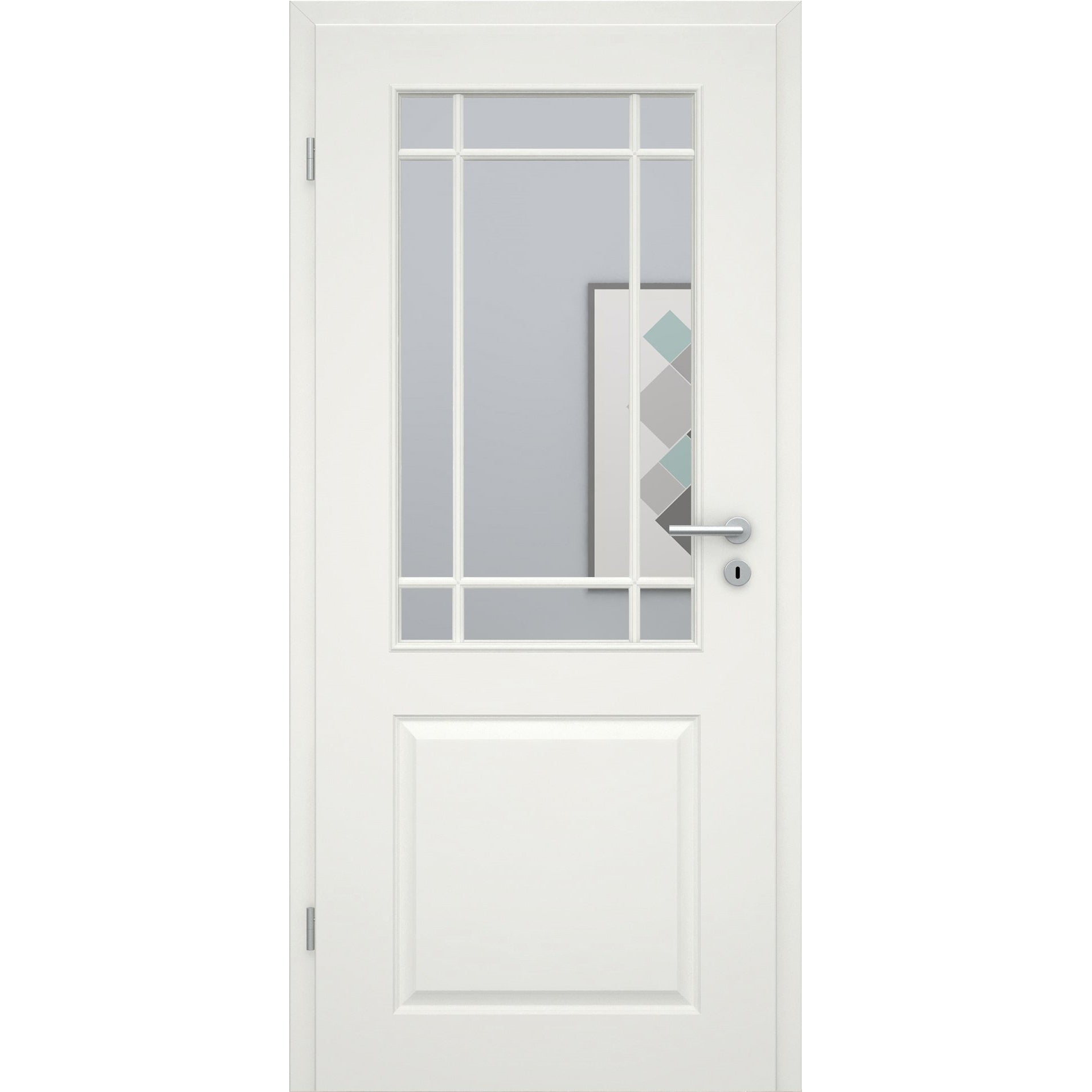 Zimmertür mit Zarge im Sondermaß und Lichtausschnitt mit Sprossenrahmen klassisch soft-weiß 2 Kassetten Rundkante - Modell Stiltür K21LASPK