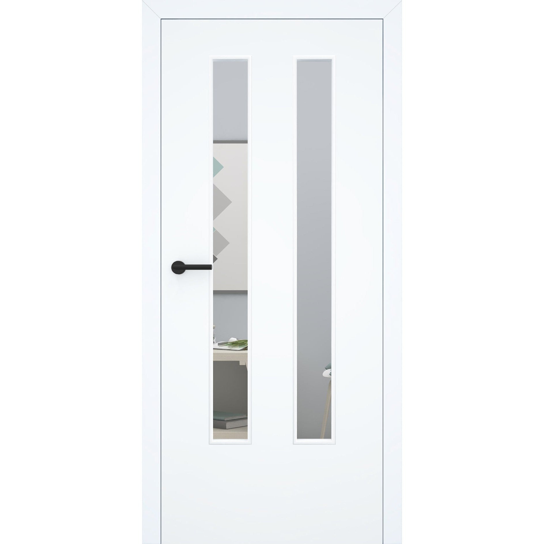 Zimmertür mit Zarge stumpfeinschlagend mit Lichtausschnitt LA6 ohne Schlüssellochbohrung CPL glatt brillant-weiß Beschläge Schwarz