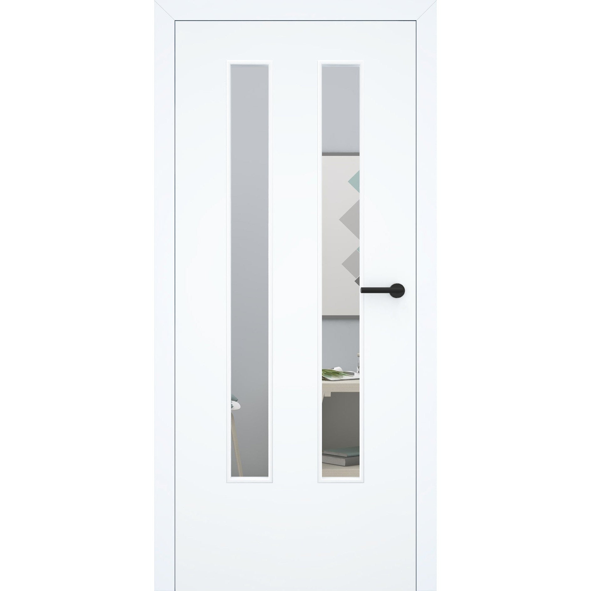 Zimmertür mit Zarge stumpfeinschlagend mit Lichtausschnitt LA6 ohne Schlüssellochbohrung CPL glatt brillant-weiß Beschläge Schwarz