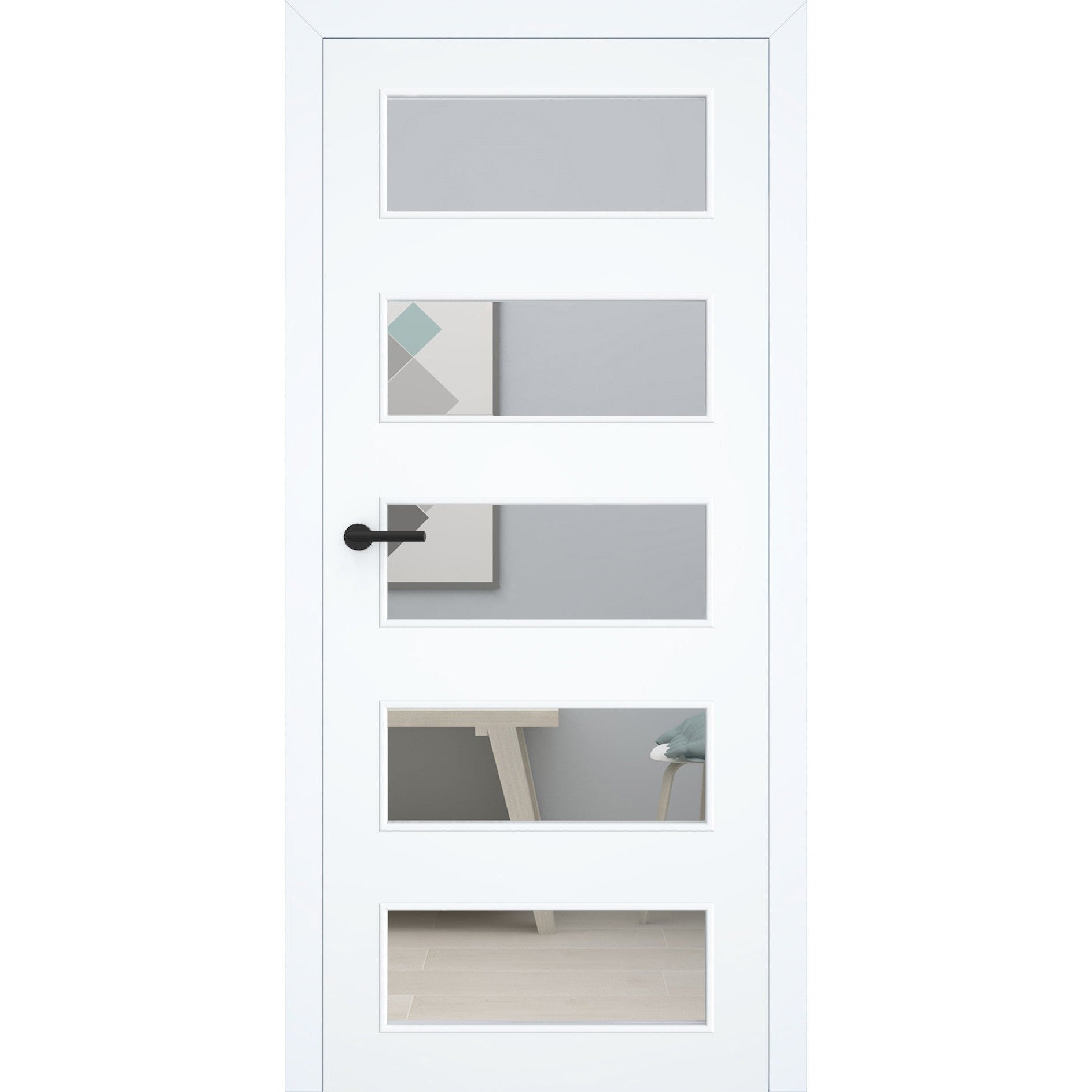 Zimmertür mit Zarge stumpfeinschlagend mit Lichtausschnitt LA9 ohne Schlüssellochbohrung CPL glatt brillant-weiß Beschläge Schwarz