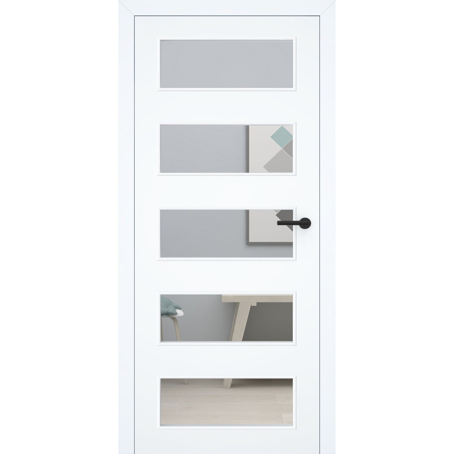 Zimmertür mit Zarge stumpfeinschlagend mit Lichtausschnitt LA9 ohne Schlüssellochbohrung CPL glatt brillant-weiß Beschläge Schwarz