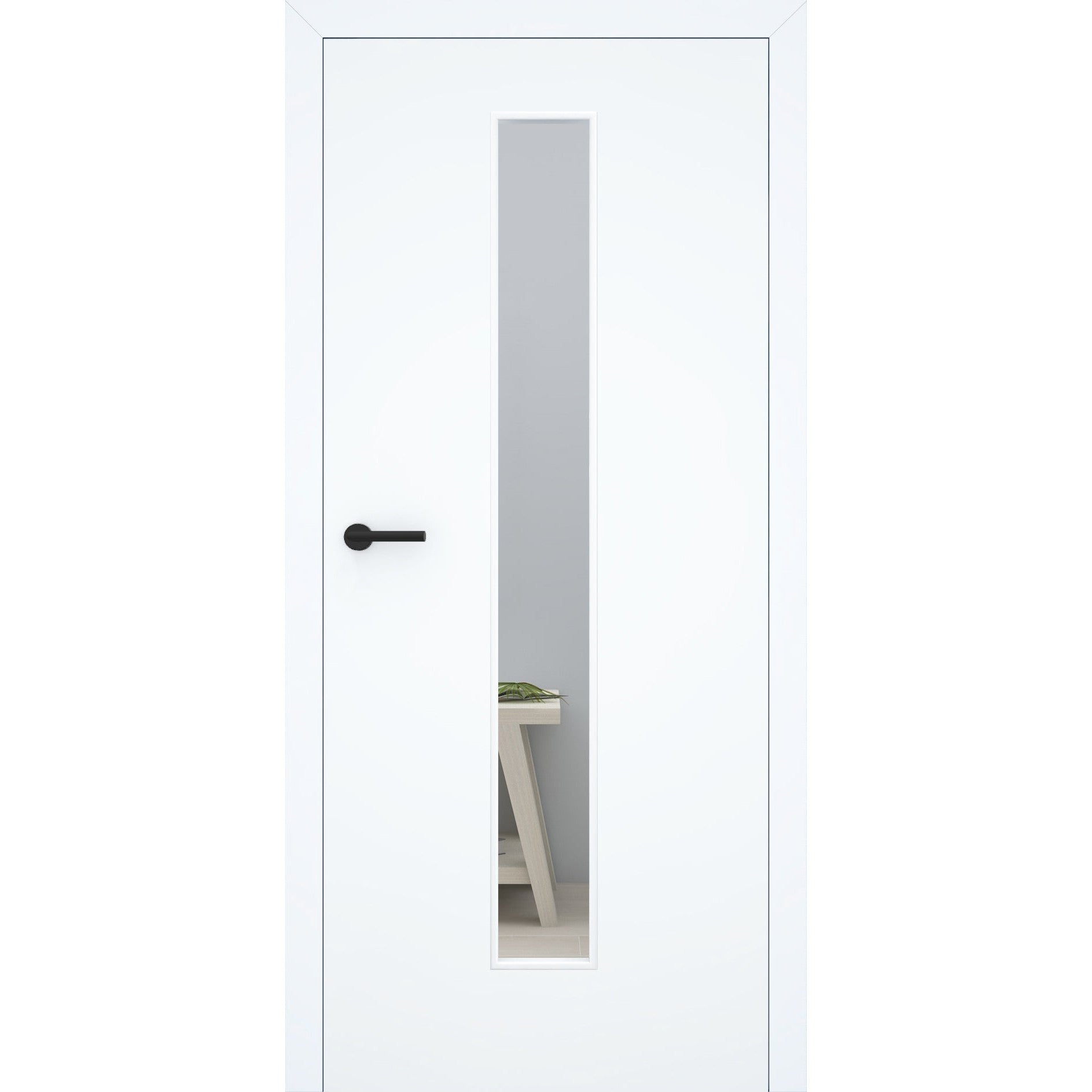 Zimmertür mit Zarge stumpfeinschlagend mit Lichtausschnitt LAM ohne Schlüssellochbohrung CPL glatt brillant-weiß Beschläge Schwarz