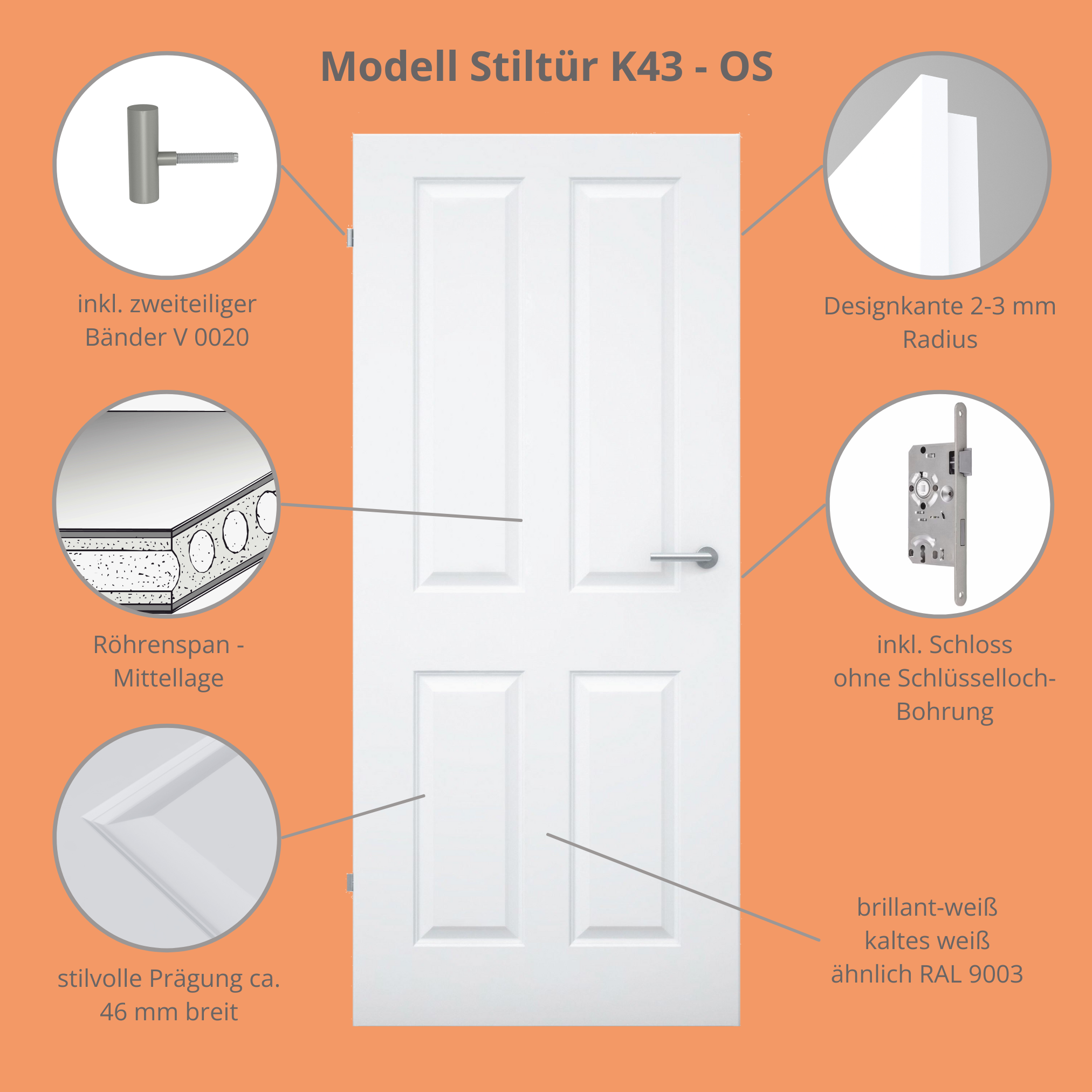 Zimmertür ohne Schlüssellochbohrung brillant-weiß 4 Kassetten Designkante - Modell Stiltür K43