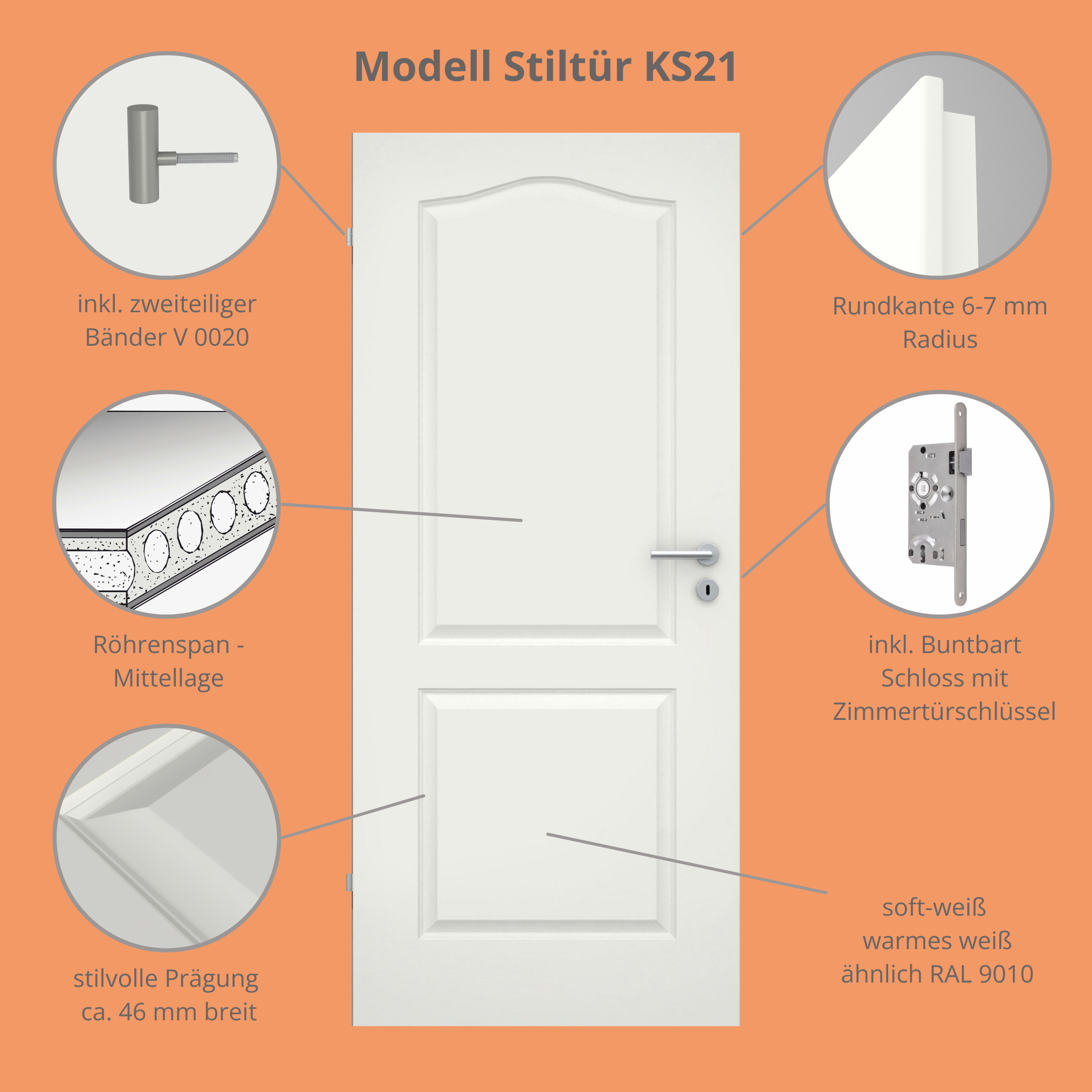Zimmertür soft-weiß 2 Kassetten Schweifbogen Rundkante - Modell Stiltür KS21
