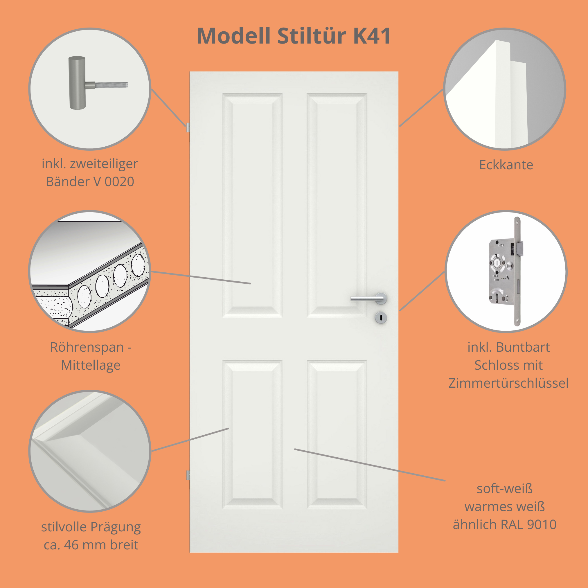 Zimmertür soft-weiß Stiltür mit 4 Kassetten Eckkante - Modell Stiltür K41